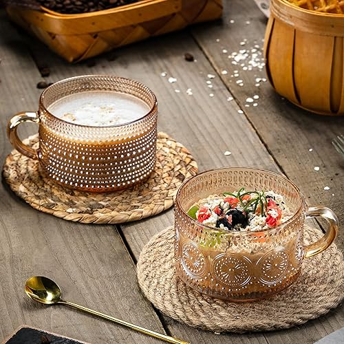 Miniatura 2 de Gezzeny Tazas de café vintage de 14 onzas, juego de 2 tazas de té de vidrio en relieve ámbar para capuchino, café con leche, cereales, yogur,