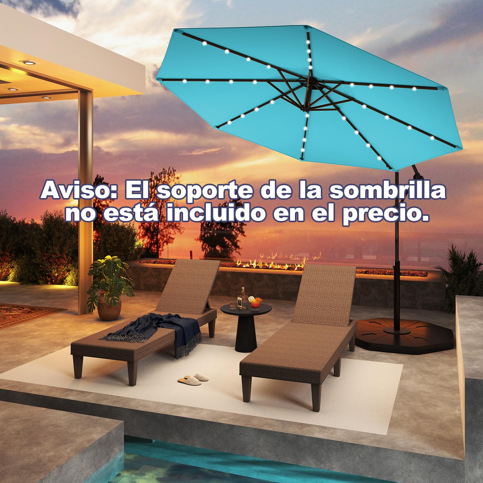 COSTWAY Sombrilla Terraza Exterior 3x3, Parasol Excentrico con 32 Luces LED Solar, Base Cruzada, Ajuste de Inclinación y Manivela, Rotación de 360°, Sombriila Jardin Terraza Balcón Patio
