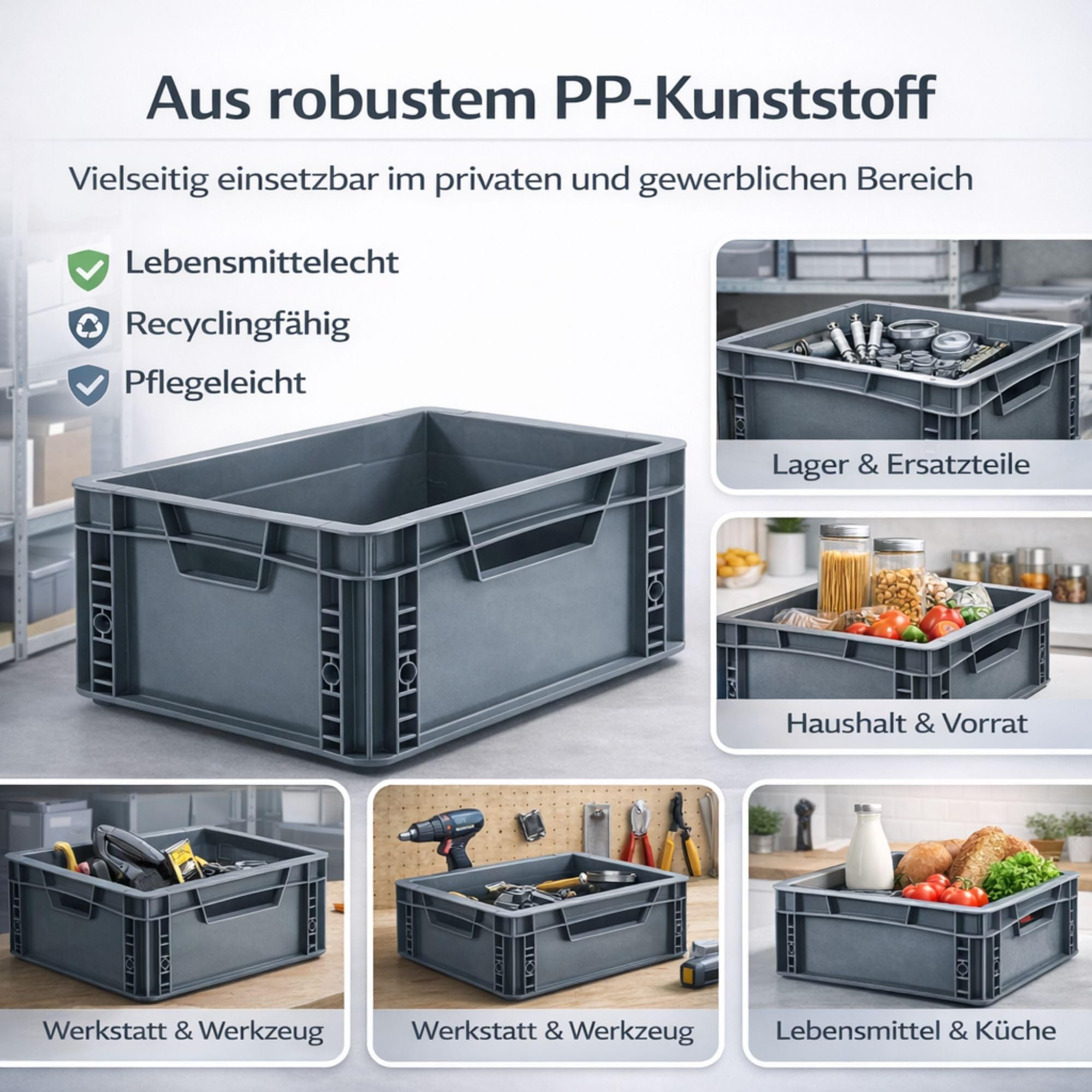 RODOPI 4x Eurobox 40x30x27 cm, stapelbar, graue Transportbox aus PP-Kunststoff, Eurobehälter mit 2 Grifföffnungen, Aufbewahrungsbox für Lager, Werkstatt, Haushalt