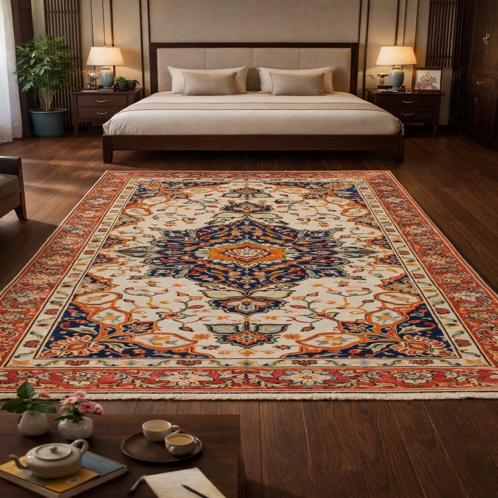 Alfombra de fácil cuidado y diseño tradicional floral rojo Rururug para hogar