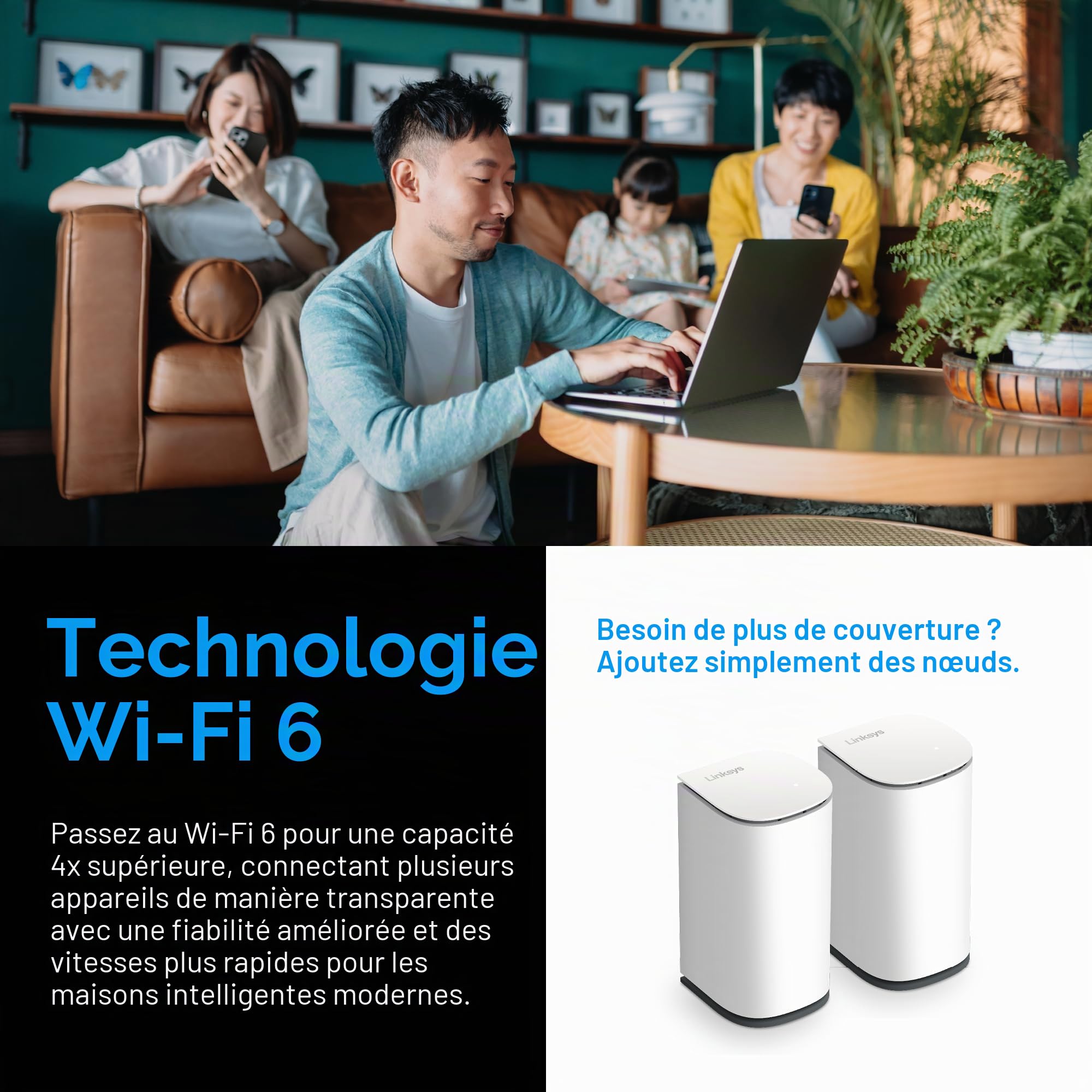 Linksys Velop Micro Mesh WiFi 6 nœuds supplémentaires Amplificateur et répéteur WLAN Double Bande, jusqu'à 139 m² - Plus de Vitesse pour + 150 appareils - Étend Le réseau Linksys, Lot de 1