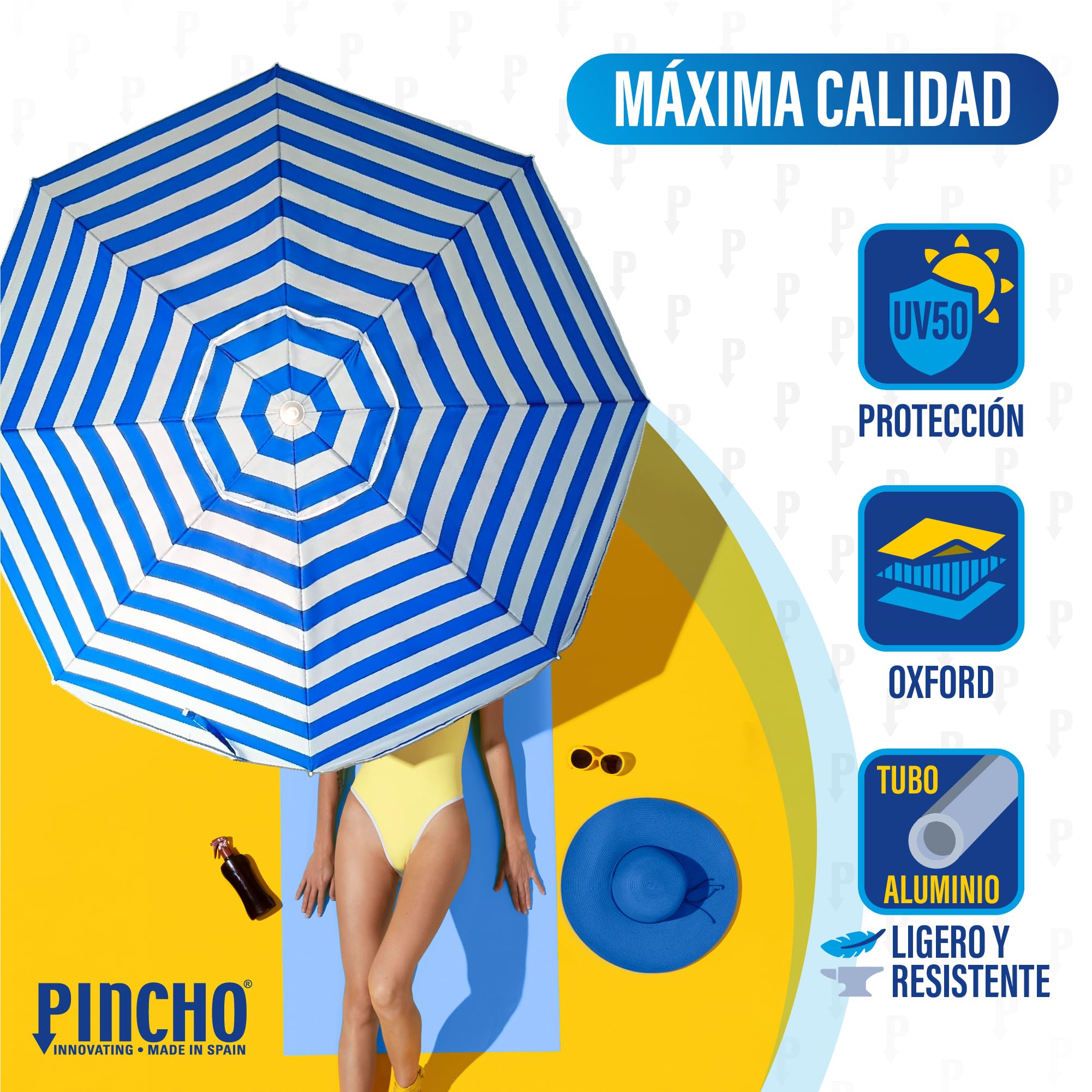 Pincho Sombrilla Playa Grande Familiar 200 cm, Sombrilla Playa Anti Viento UV50 Inclinable con Ventana, Soporte Anclaje y Bolsa Transporte, Tubo Acero Oxford, 8 Varillas Flexibles Fibra Vidrio