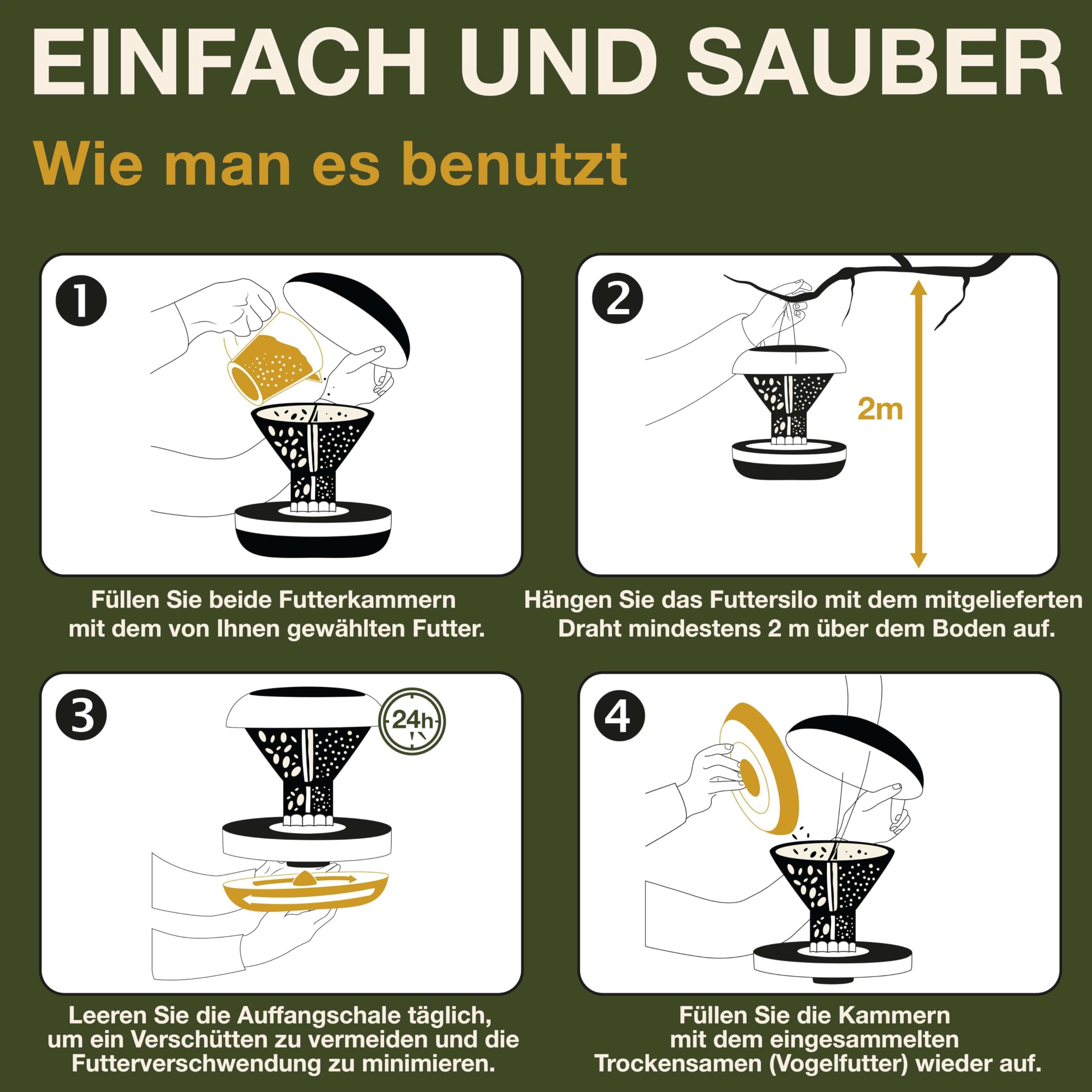 SWISSINNO Vogelfutterhaus zum Aufhängen – Davos SMART Birds - Vogelfutterspender mit Auffangschale - Futterstation für Vögel - Futtersilo Rattensicher - Vogelhaus für Garten & Balkon - Grün