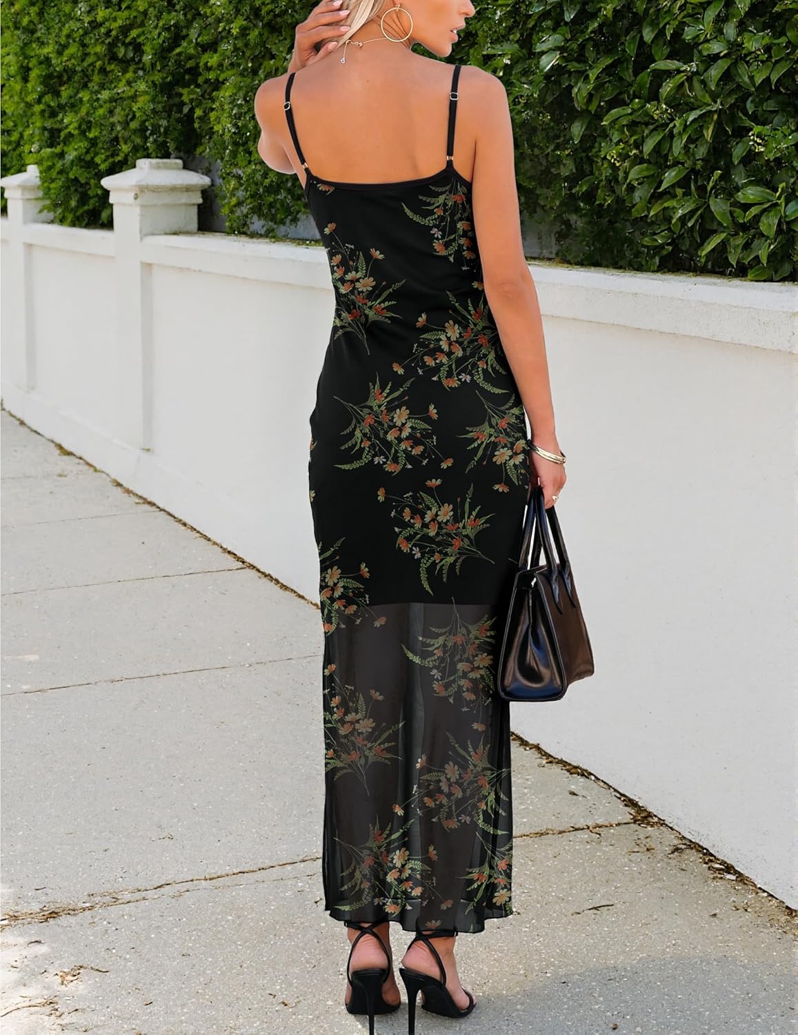 Womens Mesh Floral Midi Dresses Spaghetti Strap Sleeveless Vintage Goth Formal Wedding Guest Bodycon Cami Dress - Image 4