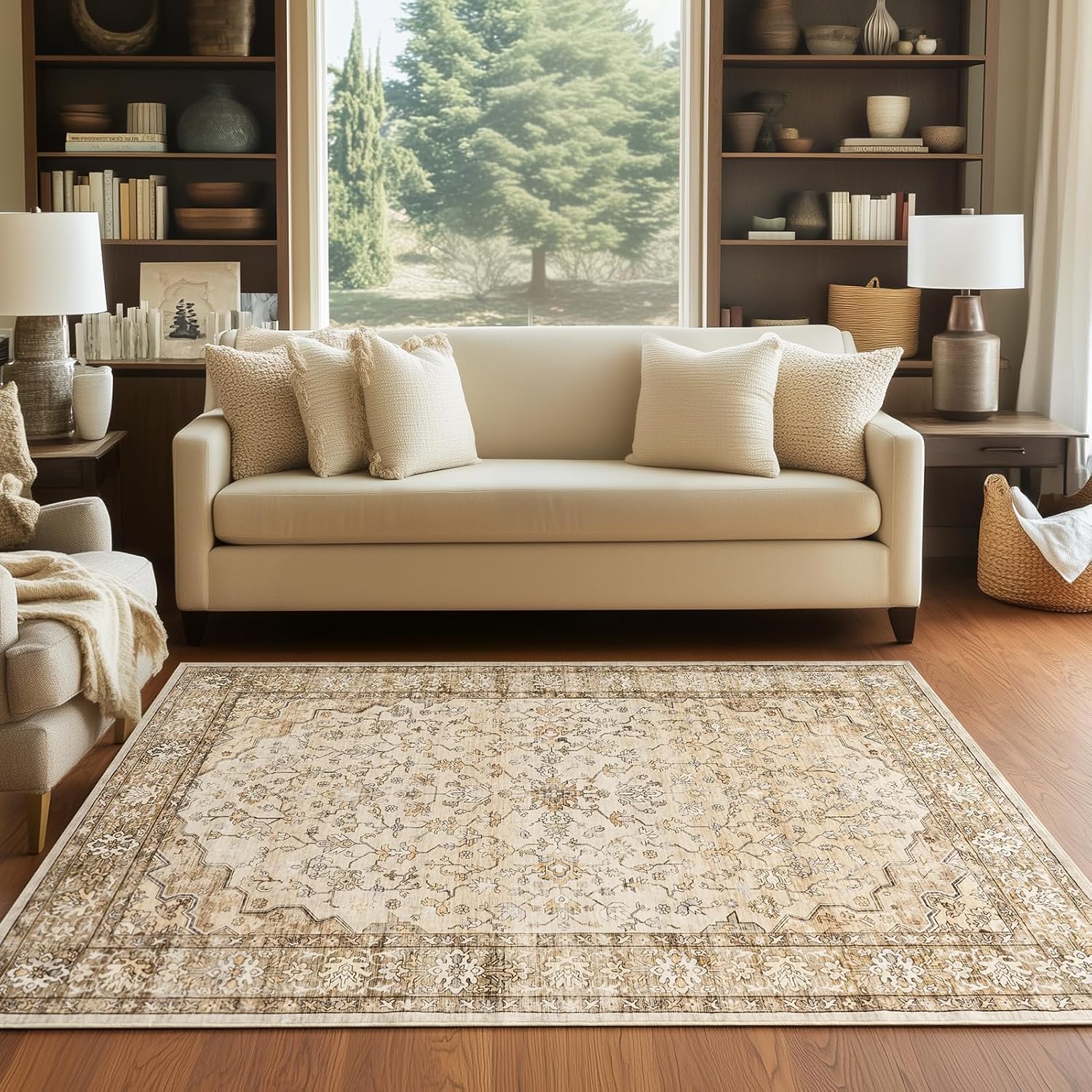 Natural Beige Area Rugs 5x7 Indoor Vintage Trellis Living Room Rug Washable Low Pile Soft Faux Fur Non Slip Sound Absorbing Tan Boho Floral Carpet Rugs for Bedroom Office Patio Dining Room Bathroom Natural Beige 5' x 7' (Rectangular)