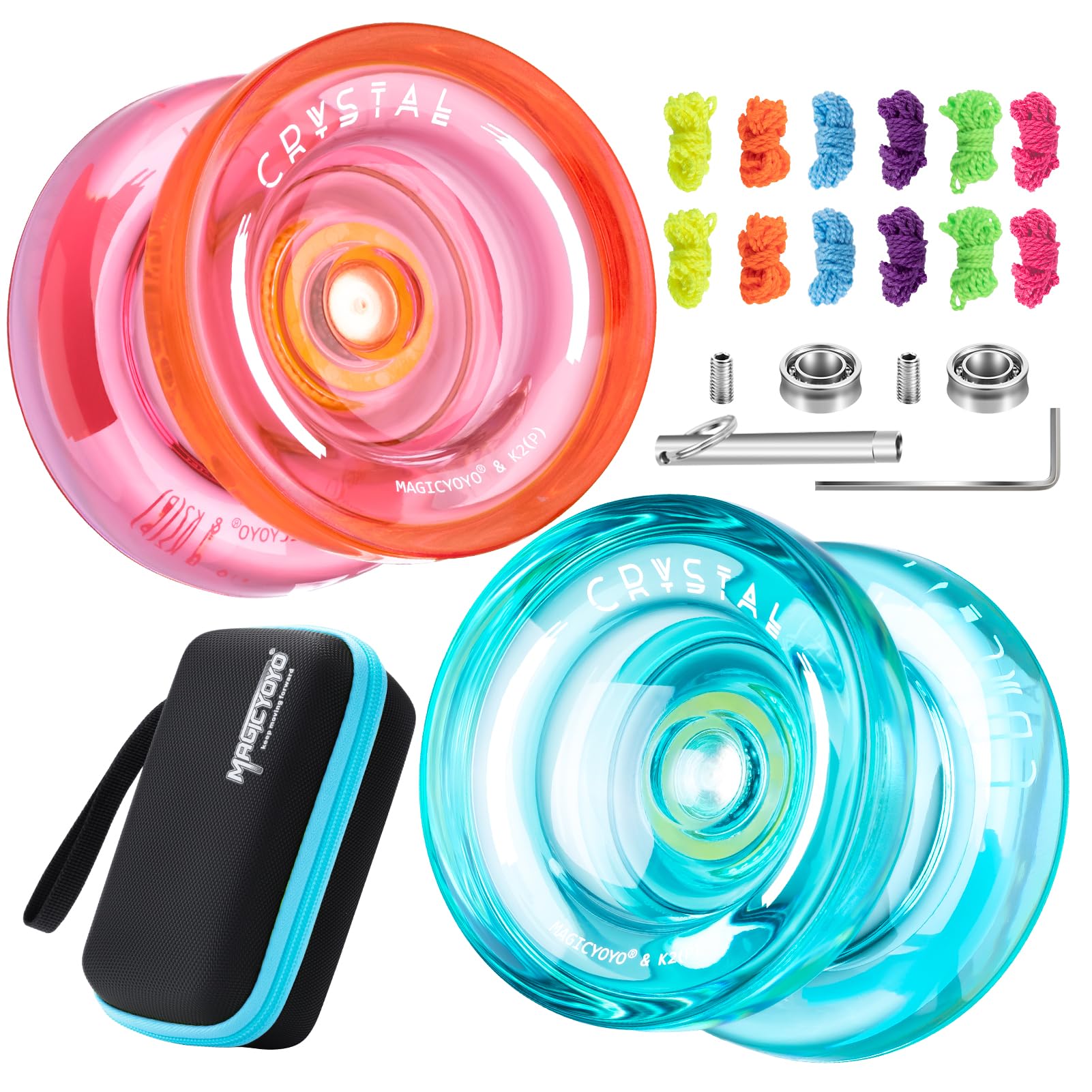 YOSTARK2 Crystal Yoyo Pack of 2, Responsive Yoyo for Kids Beginners, Professional Dual Purpose Yoyo, Stunt Yoyo with Unresponsive Yoyo Bearing Kit + 12 Yoyo Strings + Yoyo Case (Green + Orange)