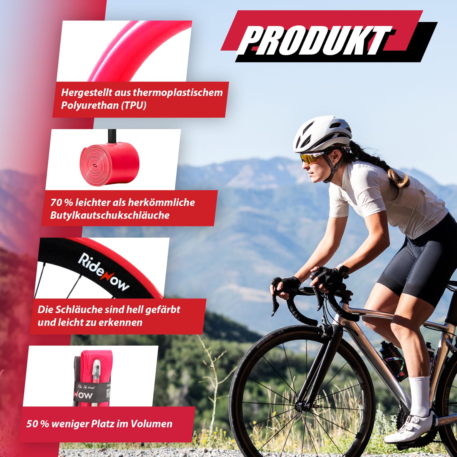 RideNow TPU Schlauch Rennrad Kompatibel mit 700x18-28C, 700x18-32C, 700x28-38C, 2 Pack 700C Ultraleichter Fahrradschlauch mit Presta Ventil 45/65/85mm, 19g/24g/36g/39g