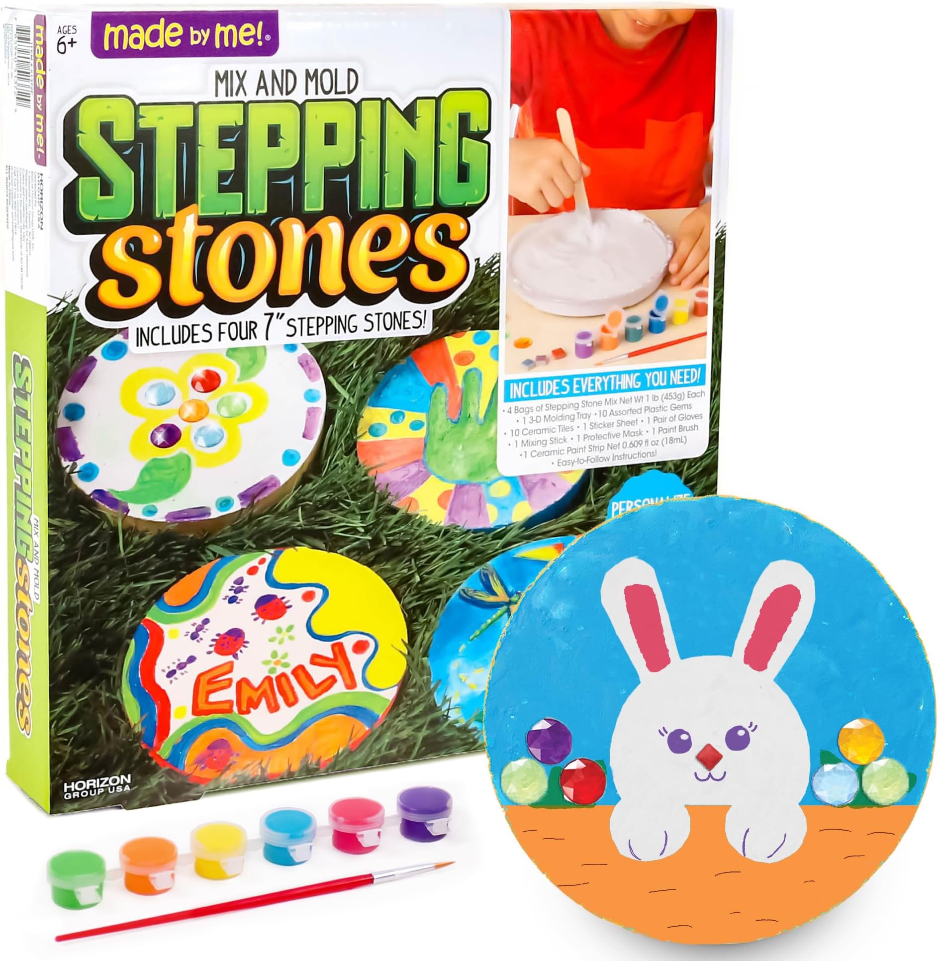 Made By Me Mix & Mold Your Own & Make 4 DIY Personalized Stepping Stones, Great Spring & Summer Weekend Activity, Perfect Keepsake, Birthday Party Idea for Kids Ages 5, 6, 7, 8, 9, Multicolor