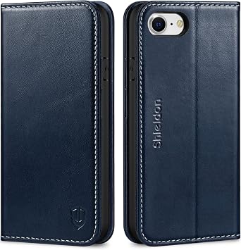 SHIELDON Leather Case Wallet for iPhone iPhone SE3/SE2/8/7, Retro Dark Blue