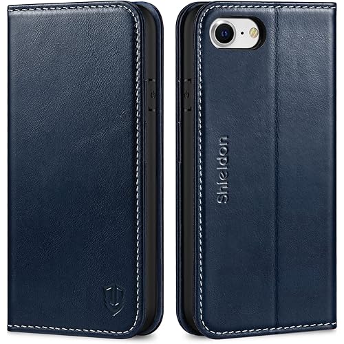 SHIELDON Wallet Case for iPhone SE 2022/2020 4.7", Genuine Leather Folio Kickstand Credit Card Holder Magnetic Protection Case Compatible with iPhone 8/7 - Retro Dark Blue