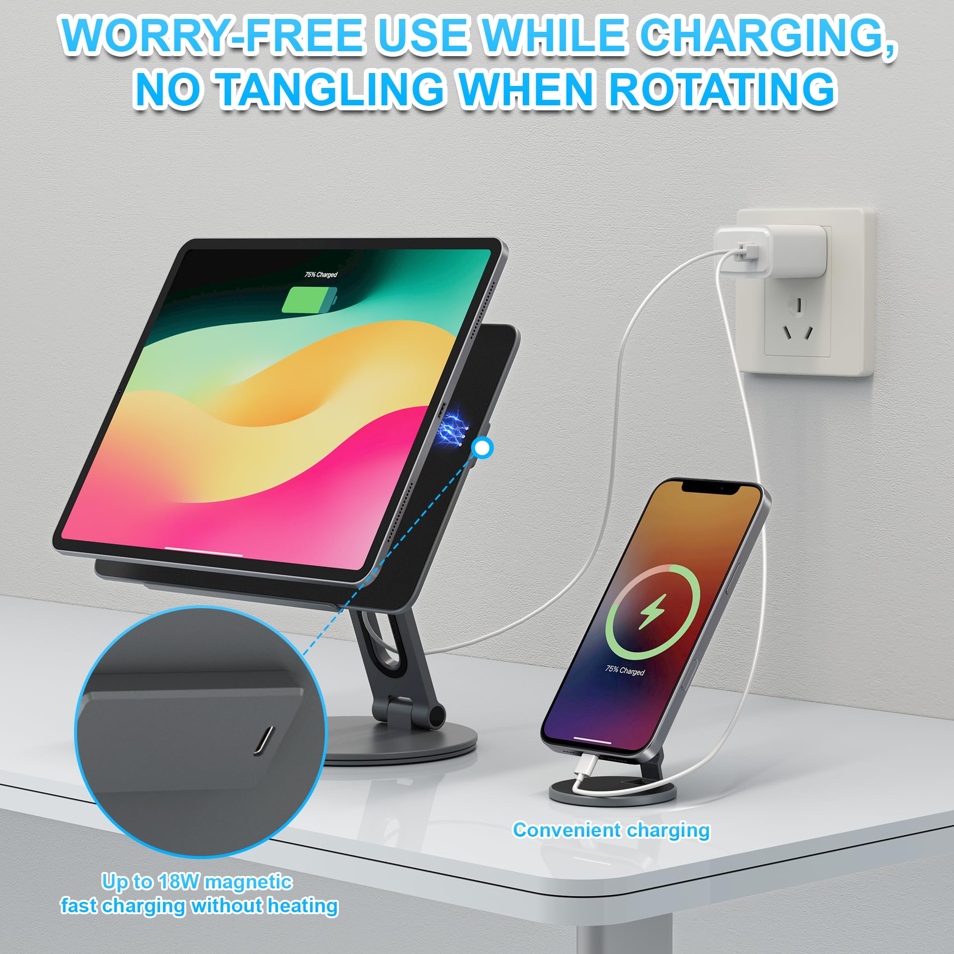 Supporto di ricarica wireless magnetico 2 in 1 per iPad Pro 12.9 e iPad Air 13 (M3/M2) con supporto per telefono MagSafe per iPhone 17-12, supporto da tavolo regolabile in alluminio multi-angolo per