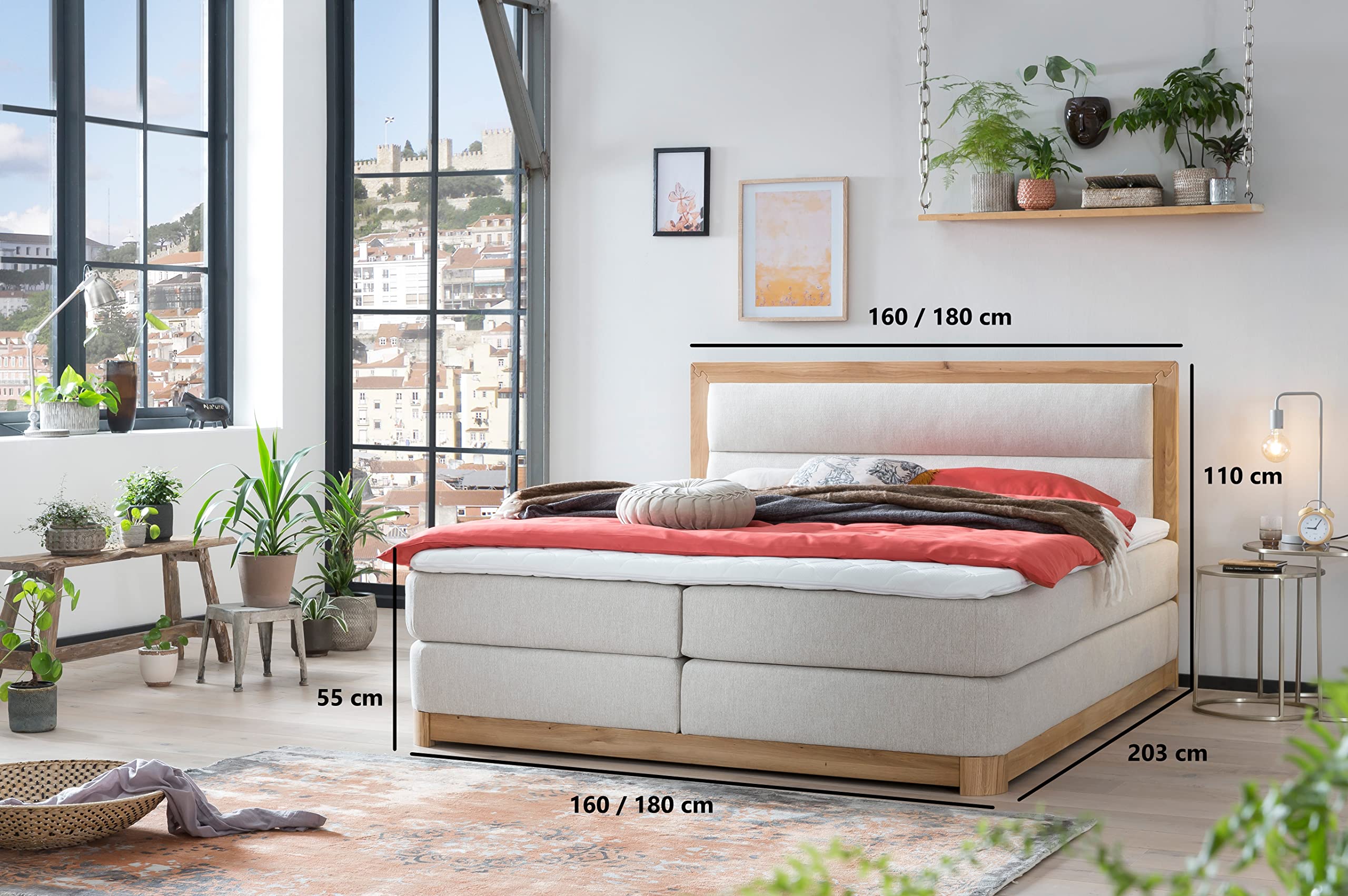 Belanoti Age Boxspringbett 180x200 Eiche 7-Zonen Taschenfederkern Matratze inkl Visco Topper Bett 180x200 in der Farbe Beige H2/H3 Polsterbett Hotelbett mit Massivholz Eiche Massivholzbett