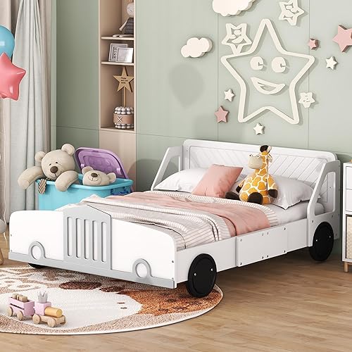 Miniatura 276 de Cama de plataforma en forma de auto de carreras con ruedas, cama de plataforma de madera tamaño individual con barandilla, cama de plataforma para