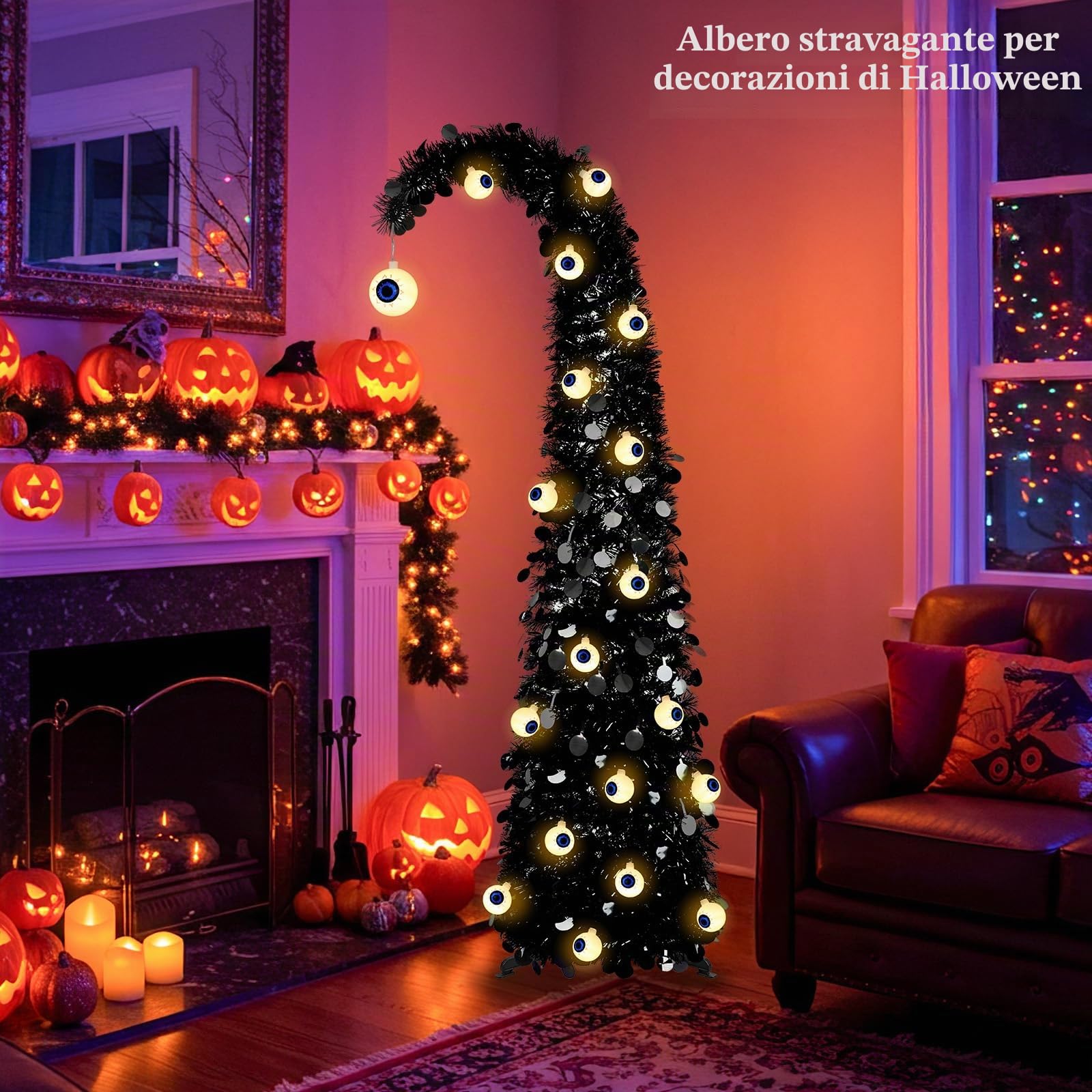 MACTING Albero di Natale stravagante con bulbo oculare, 1,5 m, nero, pop-up con 30 luci a bulbo oculare, albero curvo pieghevole per appartamento, portico, interno, esterno, decorazione natalizia