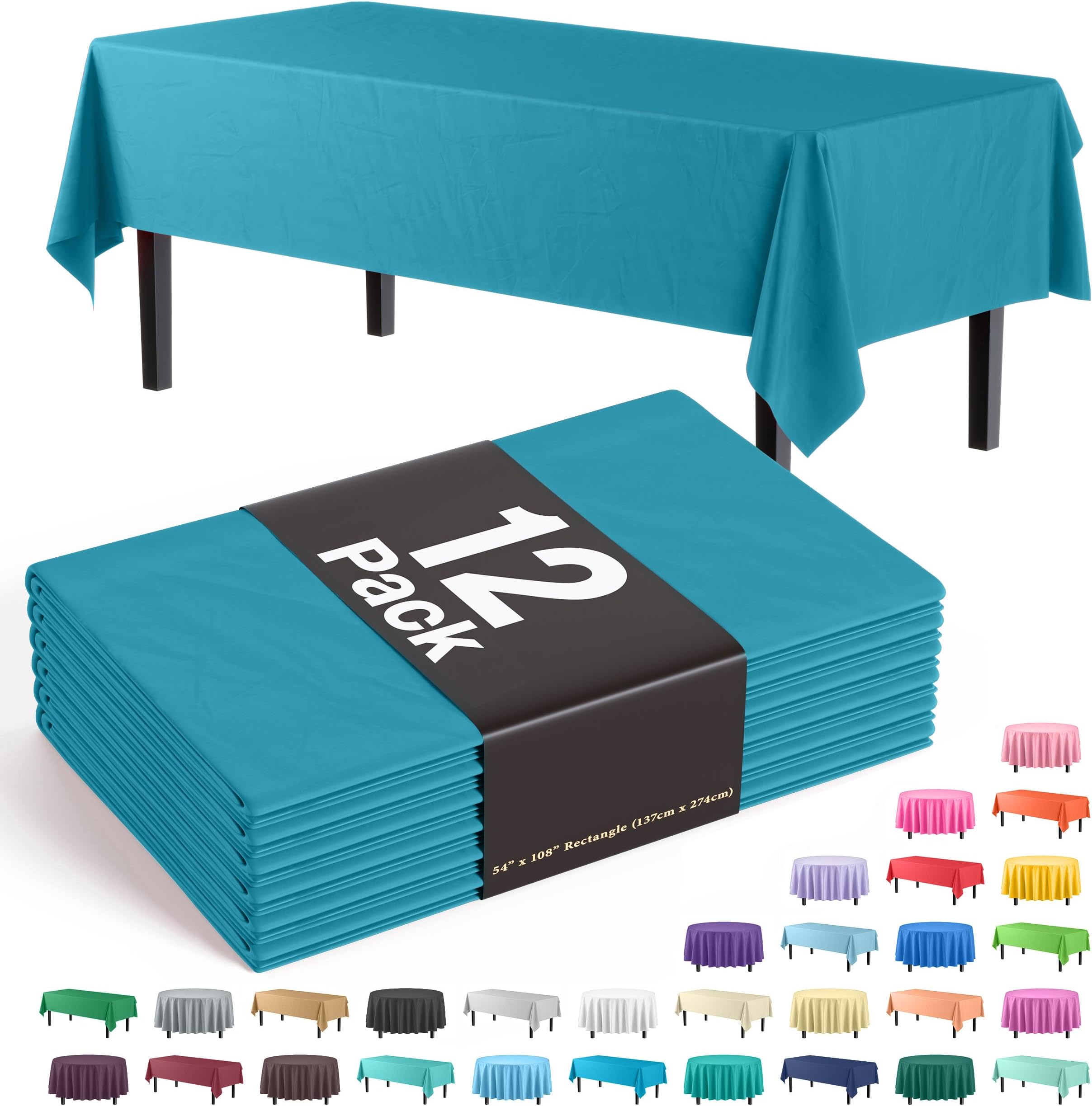 12-Pack Premium Plastic Tablecloth Pack of 12 Premium Plastic Tablecloth 54 Inch x 108 Inch Rectangle Table Cover - Turquoise