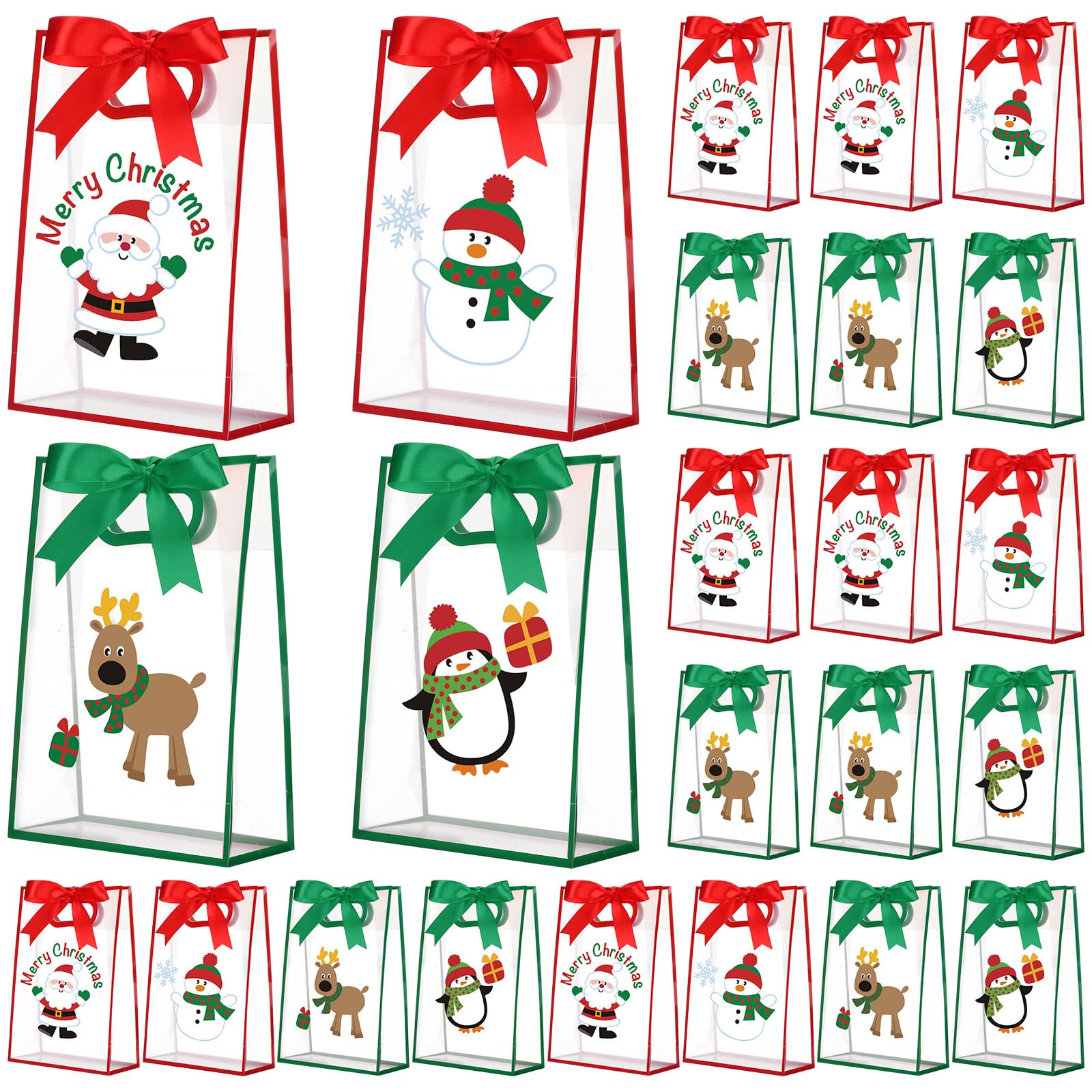 Gersoniel Lot de 24 sacs cadeaux de Noël transparents avec poignées, sacs à friandises de Noël en plastique avec nœud et rubans en PVC transparent, Père Noël, élan, bonhomme de neige pour anniversaire