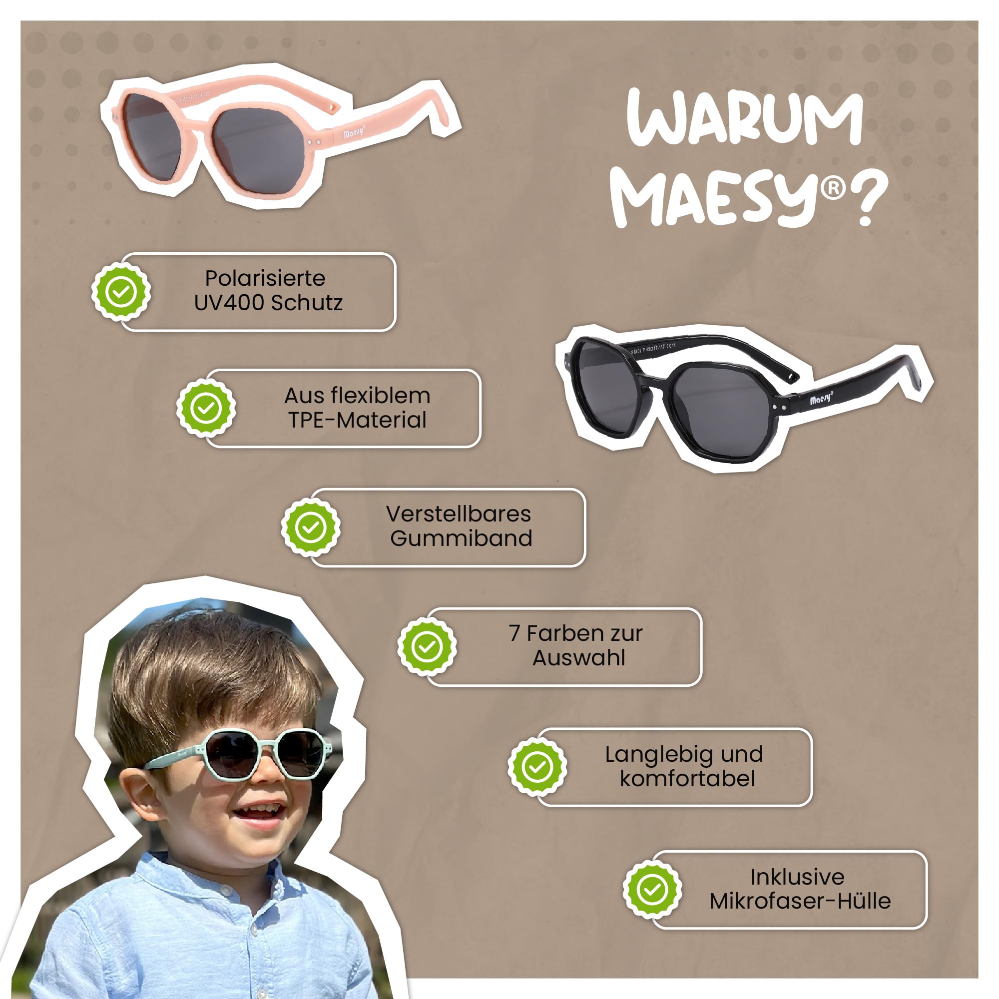 Kinder Sonnenbrille für Kleinkind und Baby - 1-3 Jahre - UV400 Polarisierter Schutz - Flexibler und Biegsamer Rahmen - Verstellbares Gummiband - Sichere und Bequeme Kindersonnenbrille - Yana