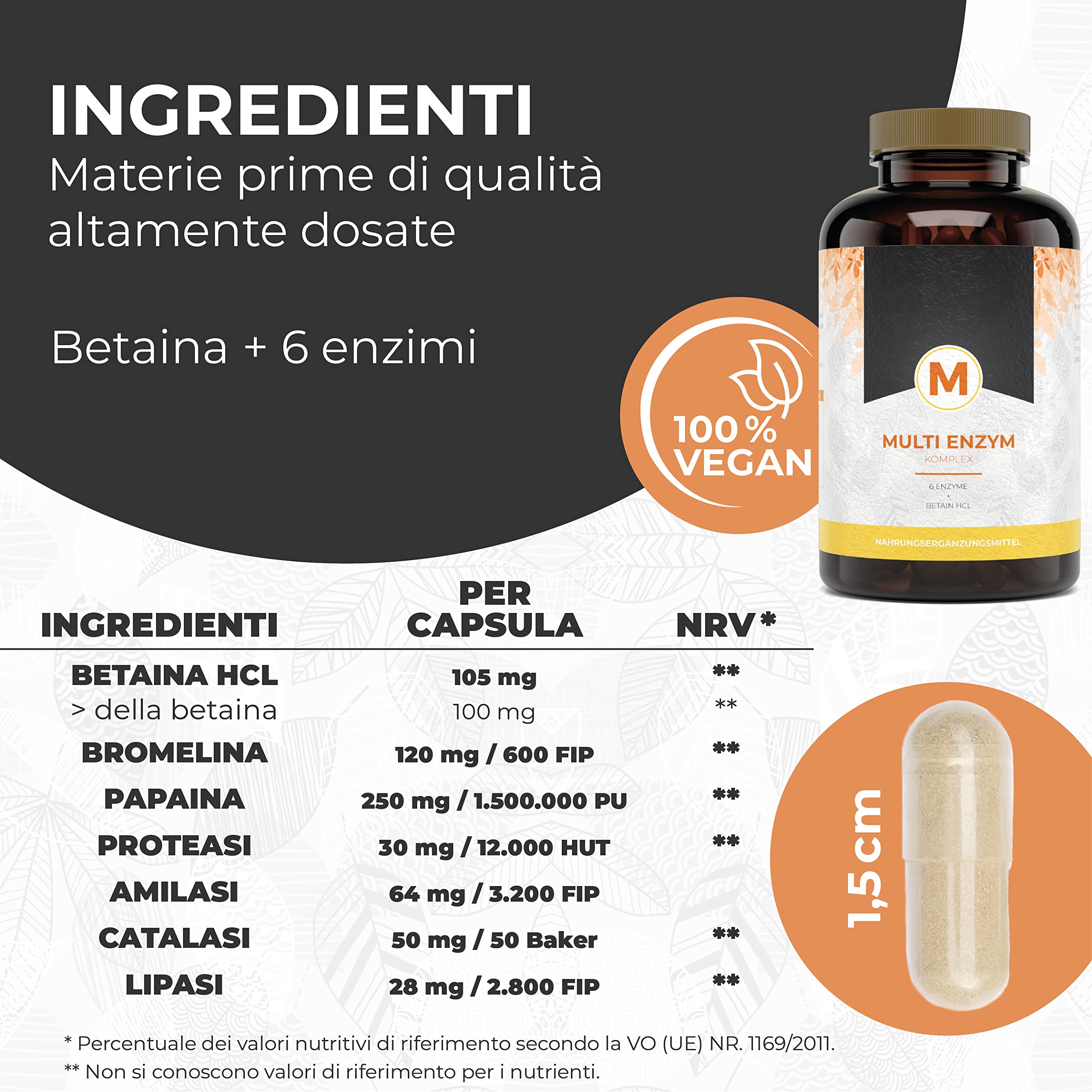 Enzimi digestivi - Complesso completo con 6 enzimi + betaina HCL - Con bromelina, papaina amilasi, catalasi, lipasi - Altamente dosato - Vegano - 120 capsule rivestite con enterica (Bright JC Caps®)