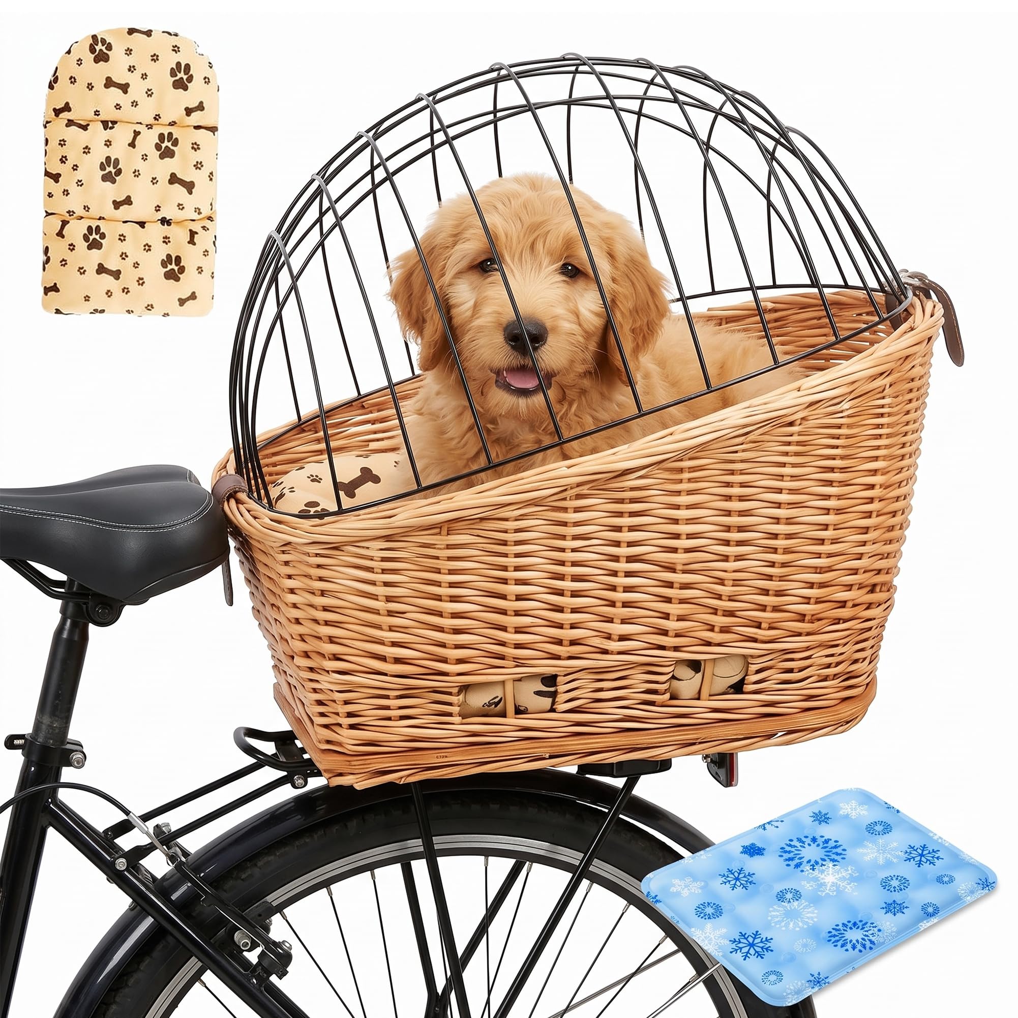 Kosz rowerowy dla psa, naturalna wiklina, rattanowy bagażnik rowerowy dla zwierząt domowych, dla małych psów, kotów, pasuje do tylnego bagażnika o wadze do 9 kg, bezpieczny i wygodny