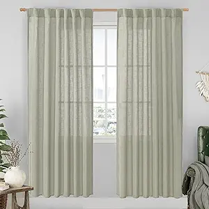 LAMIT Sage Grey Linen Boho Curtains 80 inch Length 2 Panels, Light Filtering Semi Sheer Panels Back Tab and Rod Pocket Neutral Drapes for Bedroom/Living Room, 52 x 80 Inch