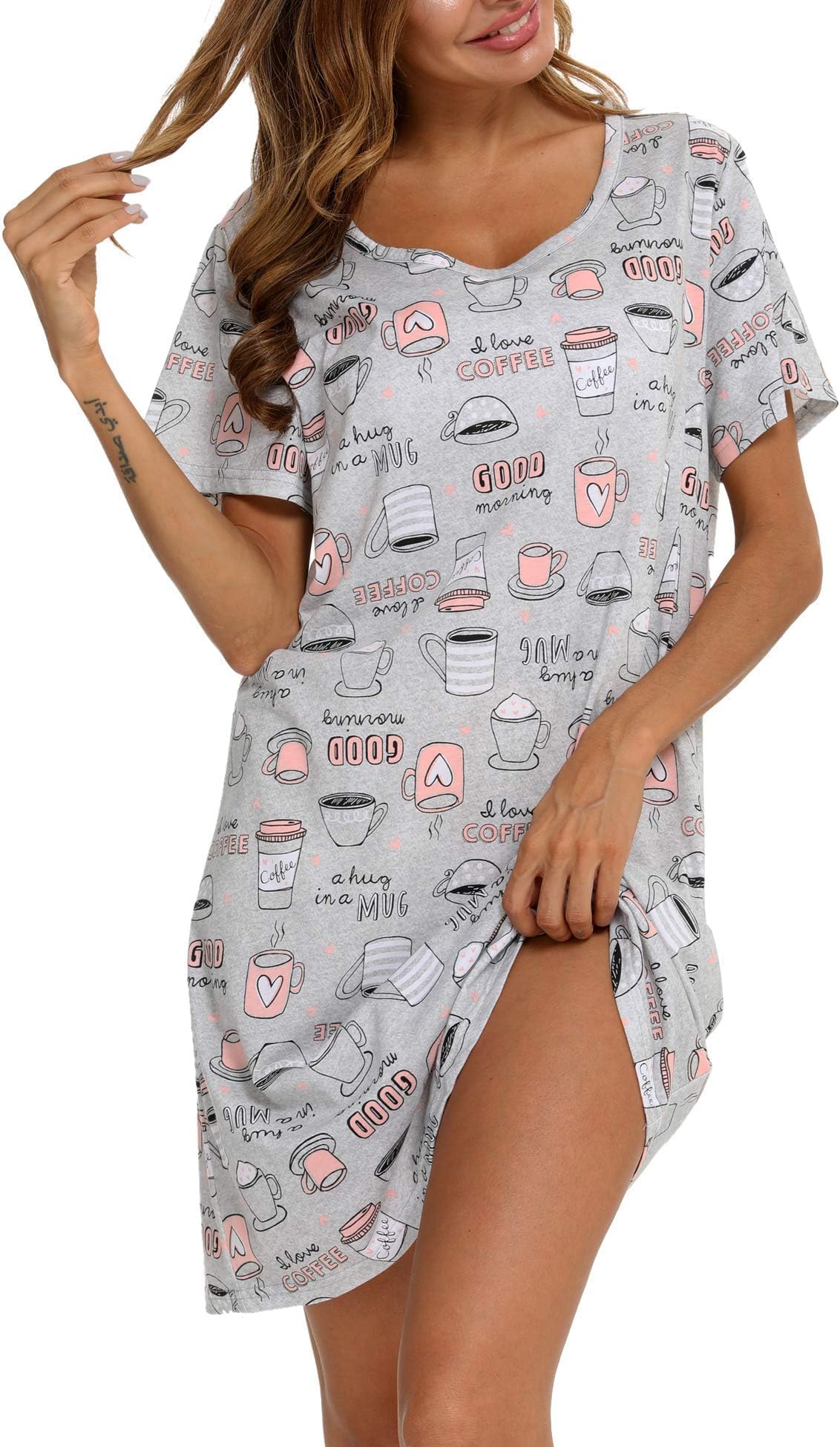 ENJOYNIGHTWomens Nightgowns Cotton Sleepwear Plus Size Sleep Shirt Short Sleeve Nightshirt Print Sleepshirt