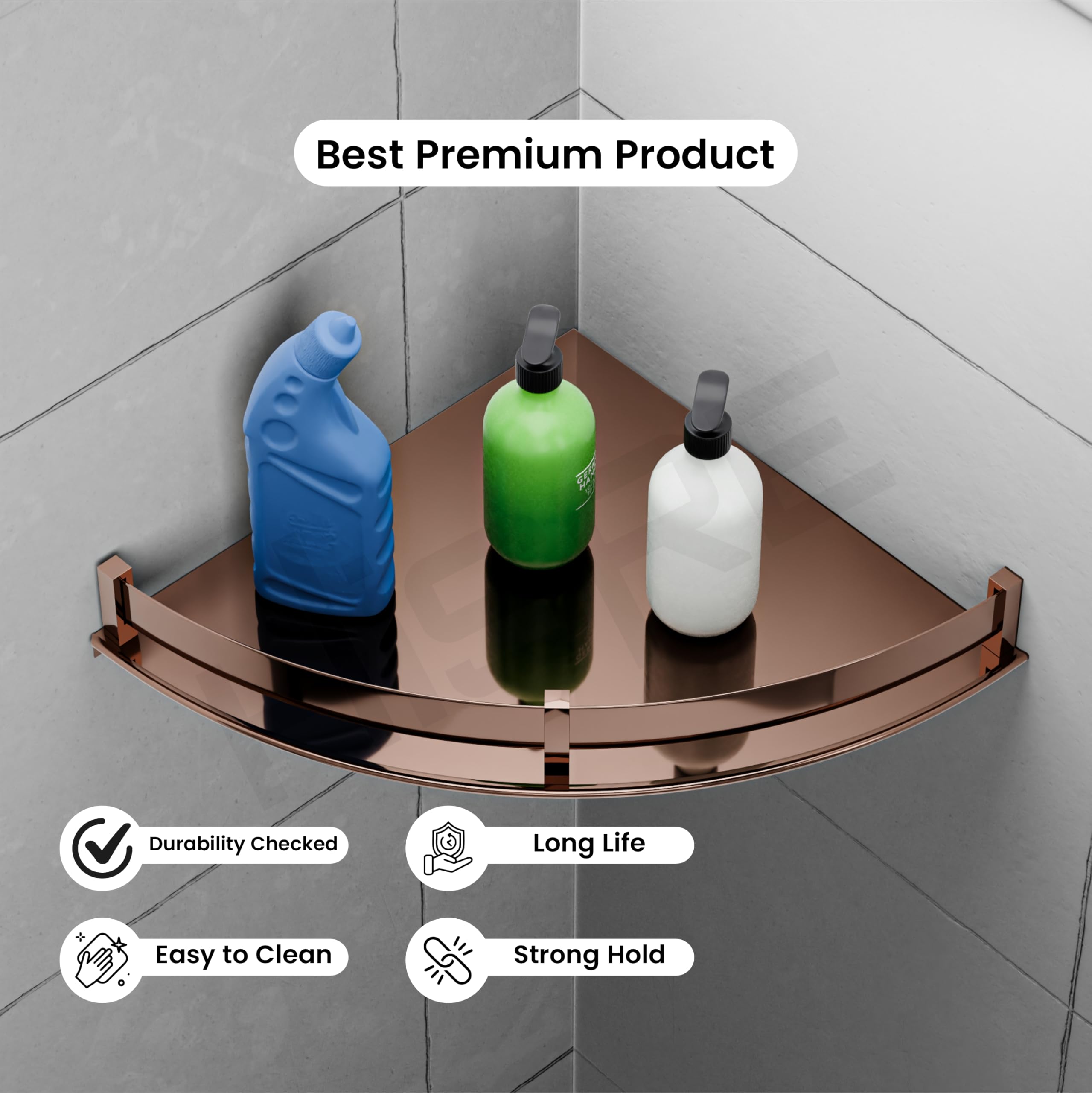 HISRE Wall-Mounted Corner Shower Shelf with Tempered Glass Tray & Polished Chrome Guard Rail | Space-Saving Bathroom Organizer for Shampoo, Soap & Toiletries (RG108), photo 4 of 5