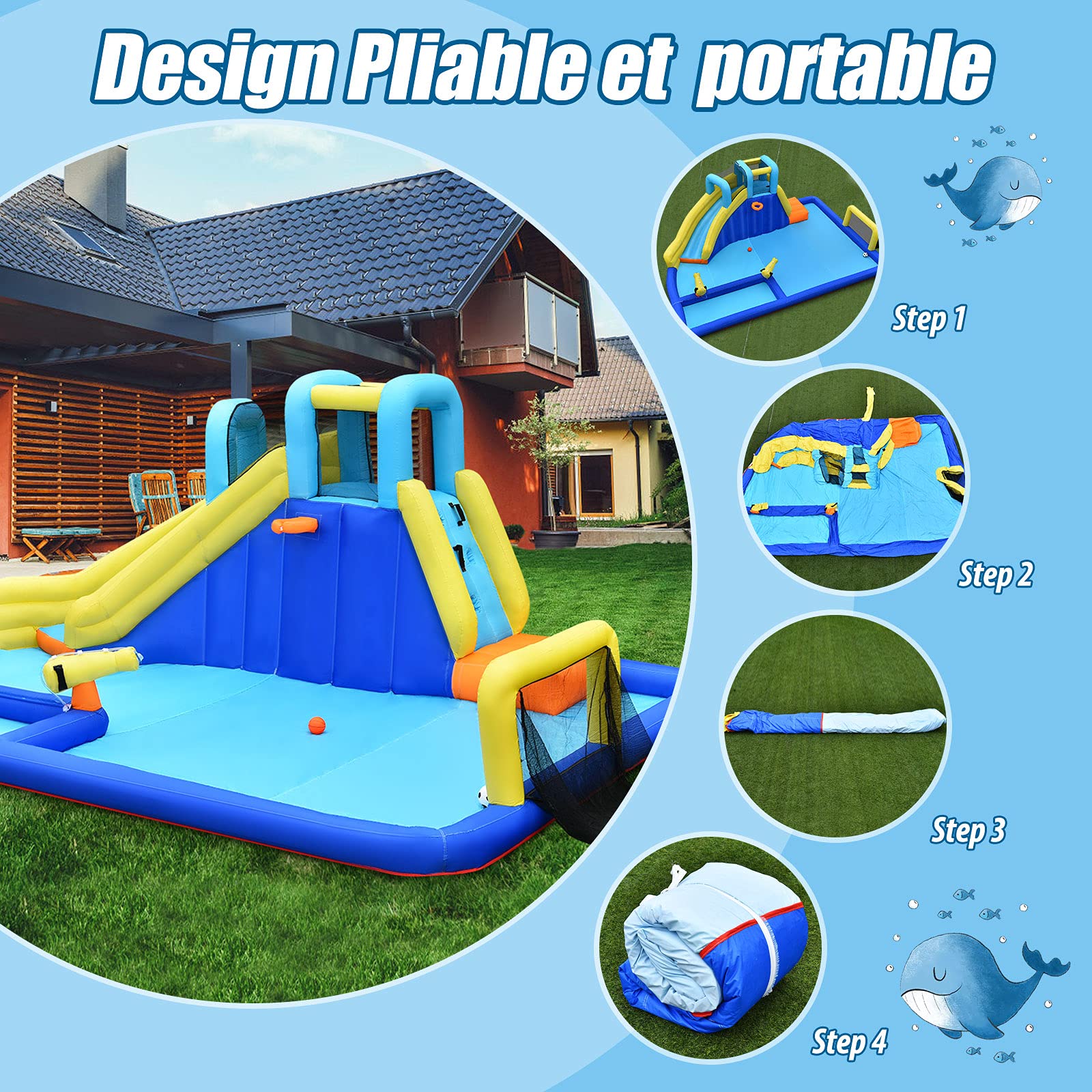 GOPLUS - Castillo hinchable con tobogán y pistola de agua, zona de juegos acuática con entretenimiento múltiple, ideal para niños mayores de 3 años (con soplador de 680 W)