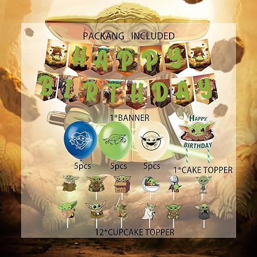 Miniatura 6 de Suministros de recuerdo de fiesta de Baby Yoda, decoraciones de cumpleaños para fiesta de bebé Yoda incluyen pancarta, adorno para pastel y globos,