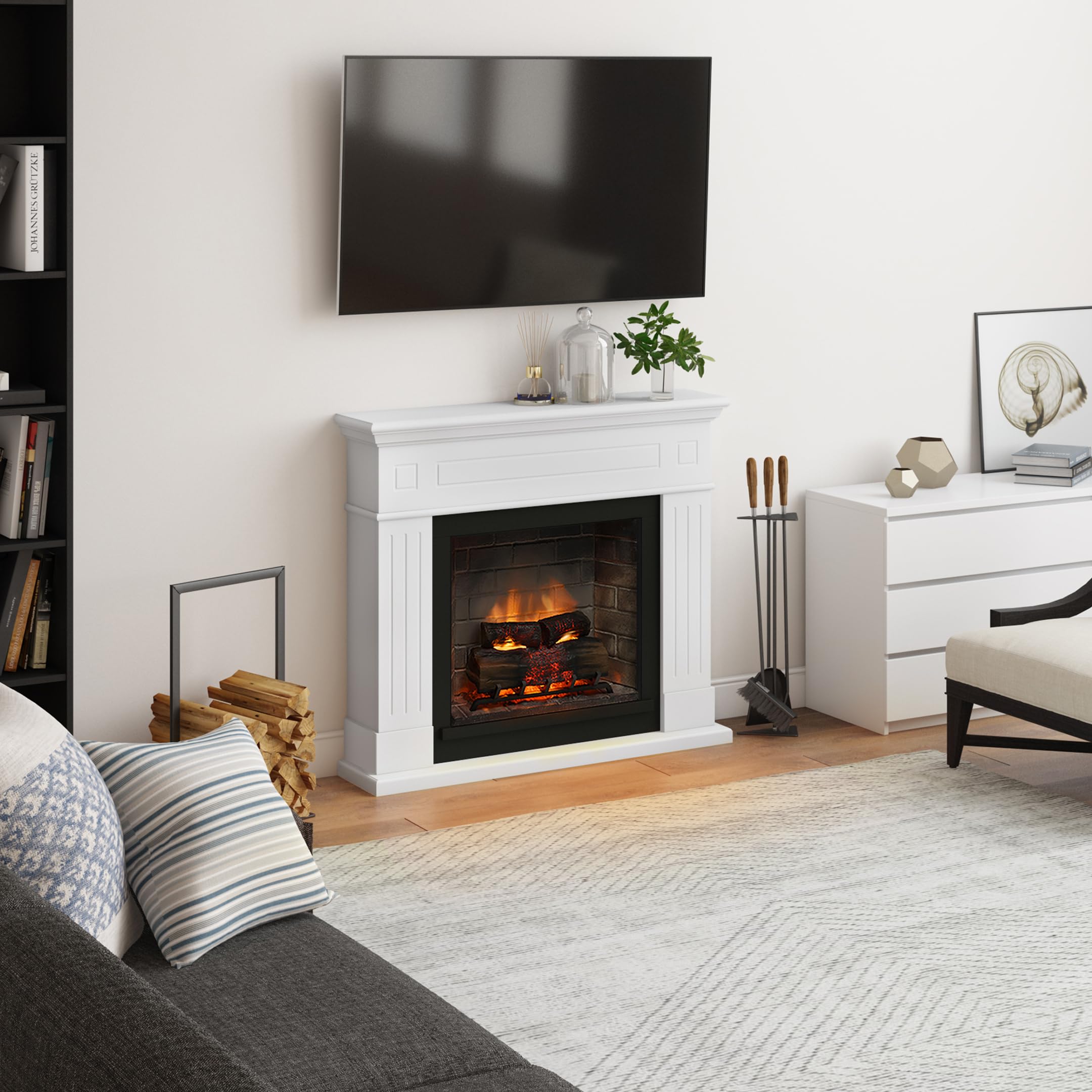 TAGU Larsen Camino Elettrico con PowerFlame 2, Riscaldatore e Termostato, Suono Crepitante, Wi-Fi e Luce Ambientale (Bianco Puro)
