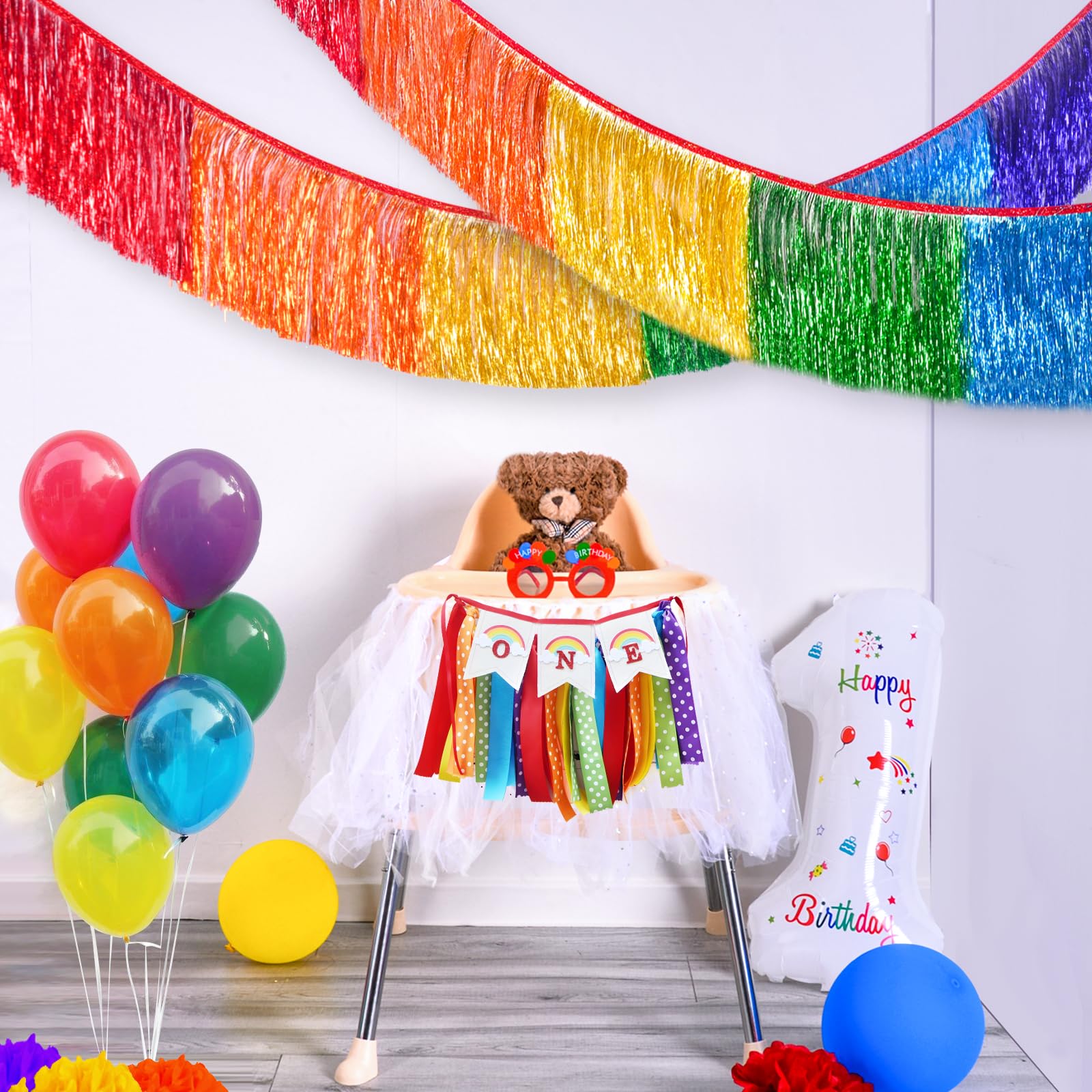 LOLStar Regenbogen-Lametta-Girlande, Metallic-Glitzer-Folien-Fransengirlande, hängende Regenbogen-Banner, Tischröcke für Geburtstag, Stolz, Parade, schwimmt
