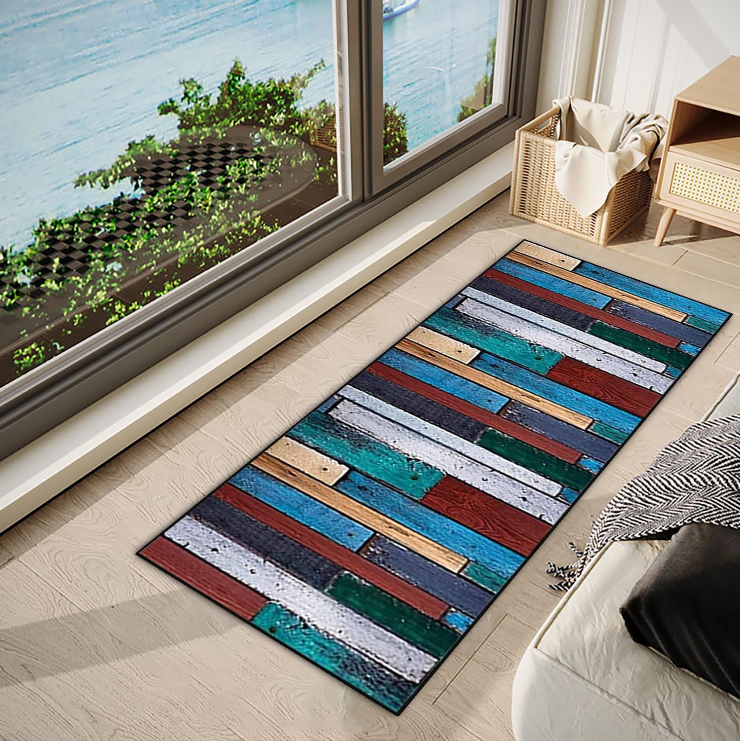 Teppich Läufer Flur Teppichläufer Küchenläufer Küche Teppiche rutschfest Waschbar Bettvorleger für Flur Waschküche, 120x400cm Blaue rote grüne Retro Holzplatte