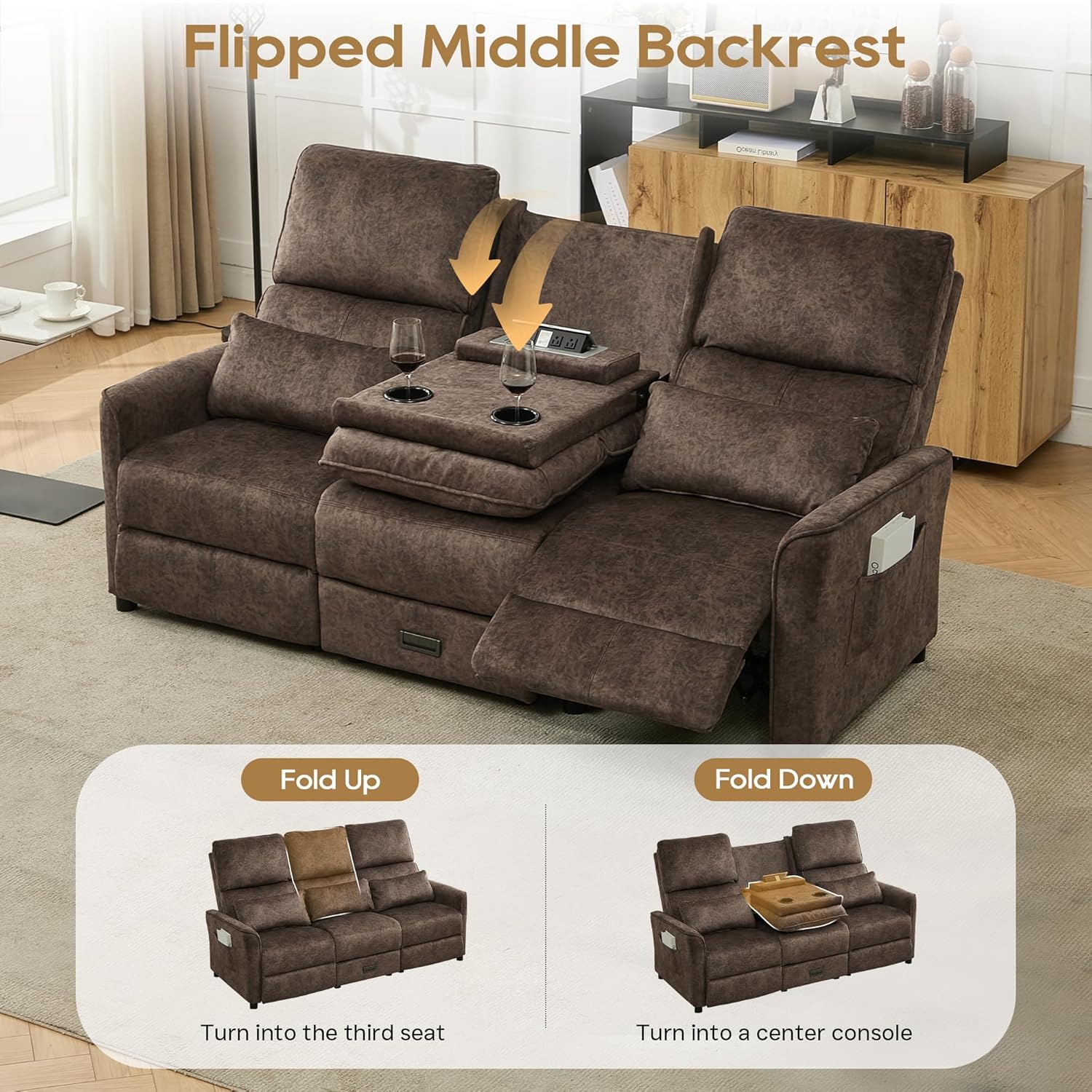 DRMBOOK 74'' RV 3 Seater Recliner Sofa, Velvet Fabric Three Camper Couch 3 Seater Recliner, Home Movie Theater Seating Chair, 3 Person Push Back Recliners for Living Room, Brown