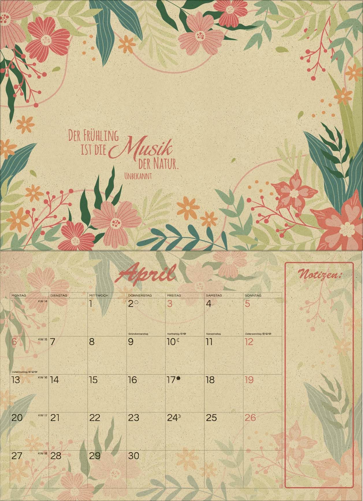 Natural Art Graspapier 2026: Broschürenkalender mit Ferienterminen. Format: 42 x 29 cm