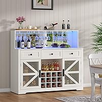 Vista 3 de Armario de bar de vinos de granja con luces LED, gabinete de barra de café de cocina con espejo acrílico, estante para vino y vidrio, estantes