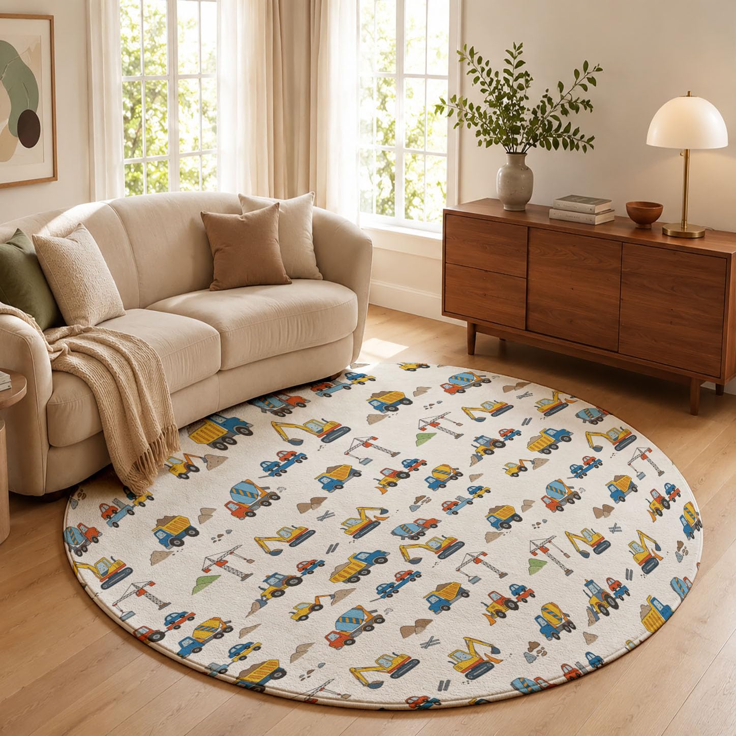 Tappeto Rotondo Bambini Veicolo Costruzione Cartoni Animati Tappeto a Pelo Corto Escavatori Autobetoniere Antiscivolo, Lavabile per Salotto, Cameretta dei Bambini, Dimensione: 100cm, Bianco
