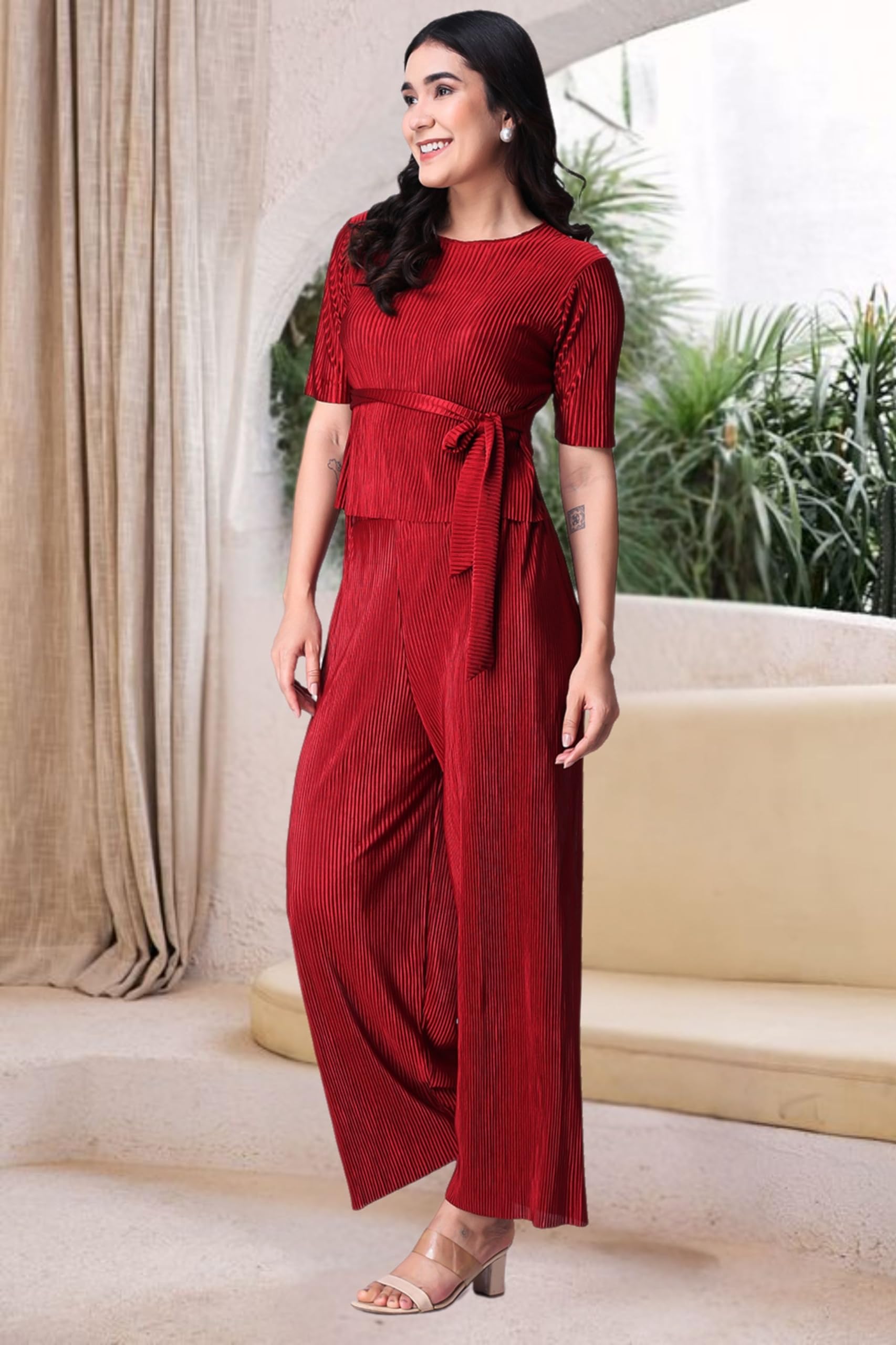 Popwings Casual Women Wrinkle Textured Maroon Co-Ords Set