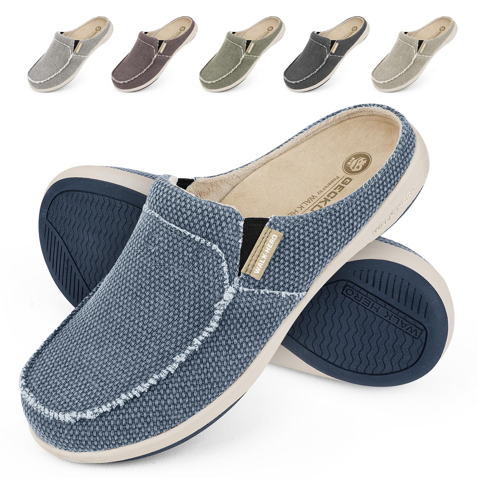 Mens Slippers with Arch Support, Canvas House Slipper for Men with Velvet Lining, Slip On Clog, Indoor Outdoor House Shoes with Anti-Skid Rubber Sole