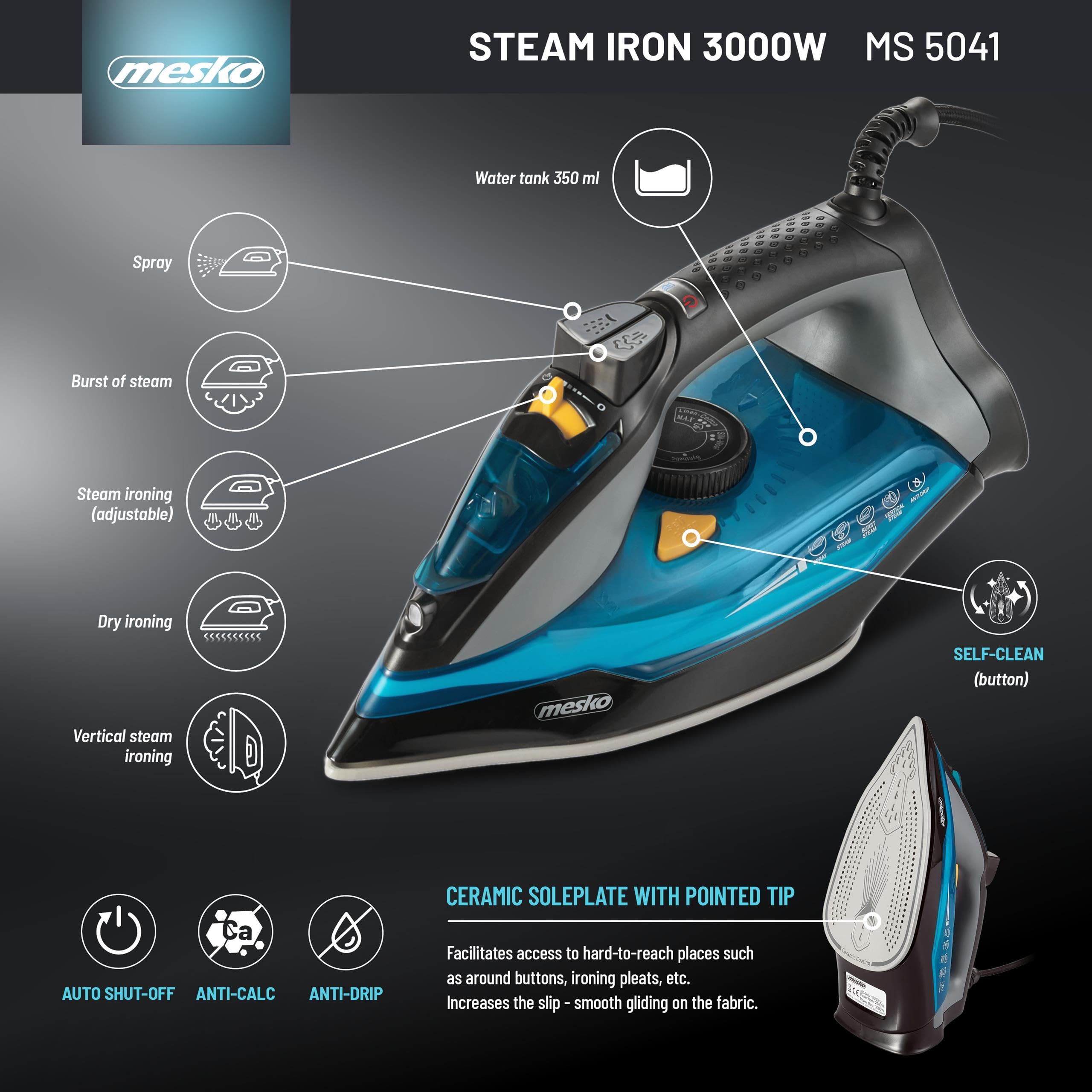 Mesko MS5041 Plancha Ropa Vapor Vertical Suela Cerámica, Golpe de Vapor 80 g/min, Vapor Contínuo 45 g/min, Autolimpieza, Sistema Antigoteo y Antical, 3000W, Depósito 350ml