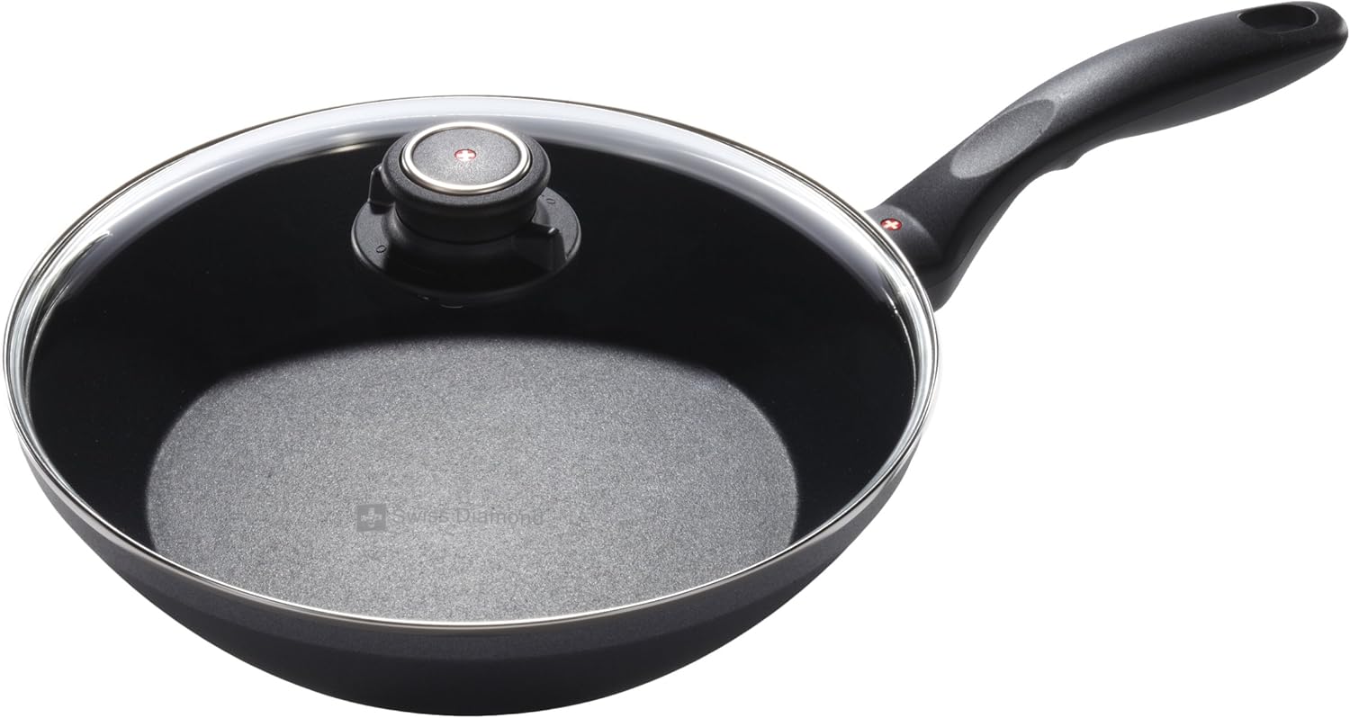 Swiss Diamond 9.5" Stir Fry Pan Edge Nonstick Induction Diamond Coated Aluminum With Lid Dishwasher/Oven Safe Grey
