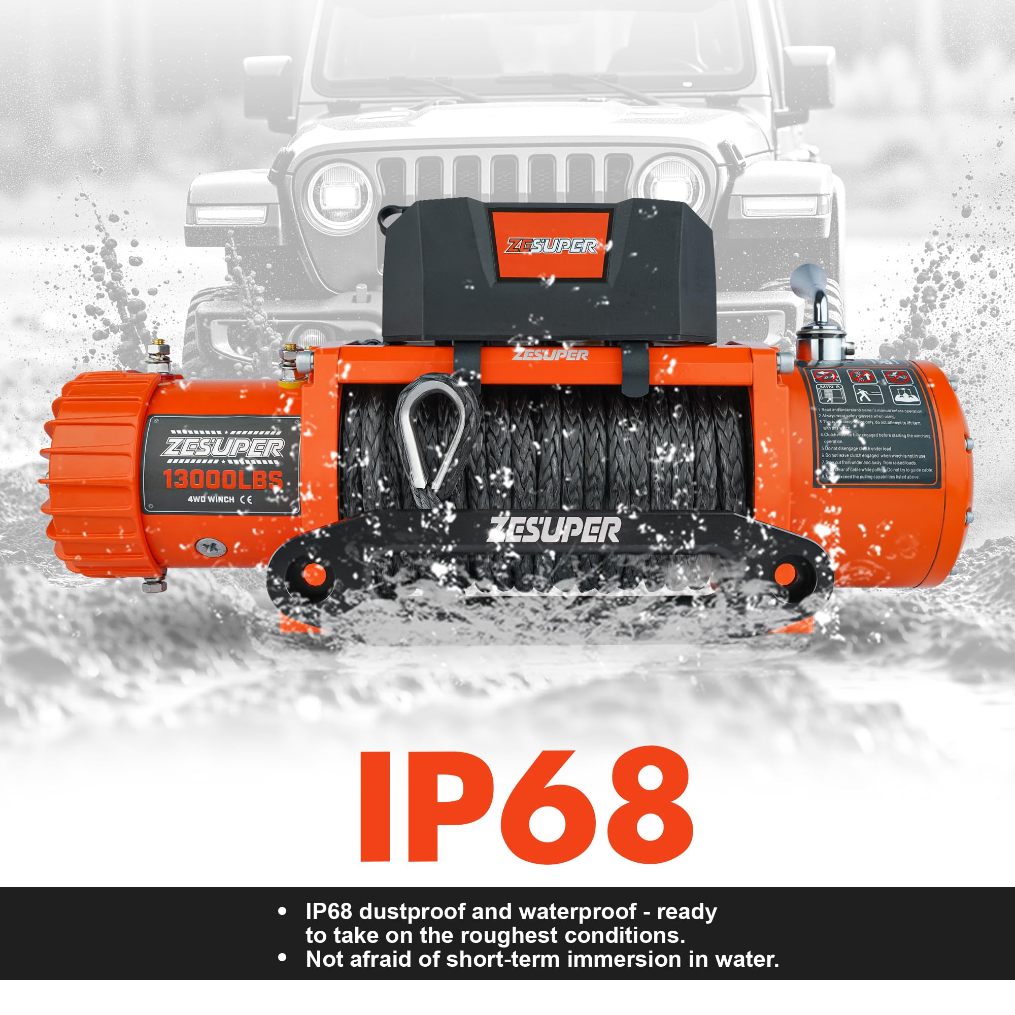 ZESUPER Wciągarka elektryczna 12 V o udźwigu 5896,7 kg, lina syntetyczna, wodoodporna wciągarka offroad, do samochodów jeepów, ciężarówek, SUV-ów, z bezprzewodowym pilotem zdalnego sterowania i