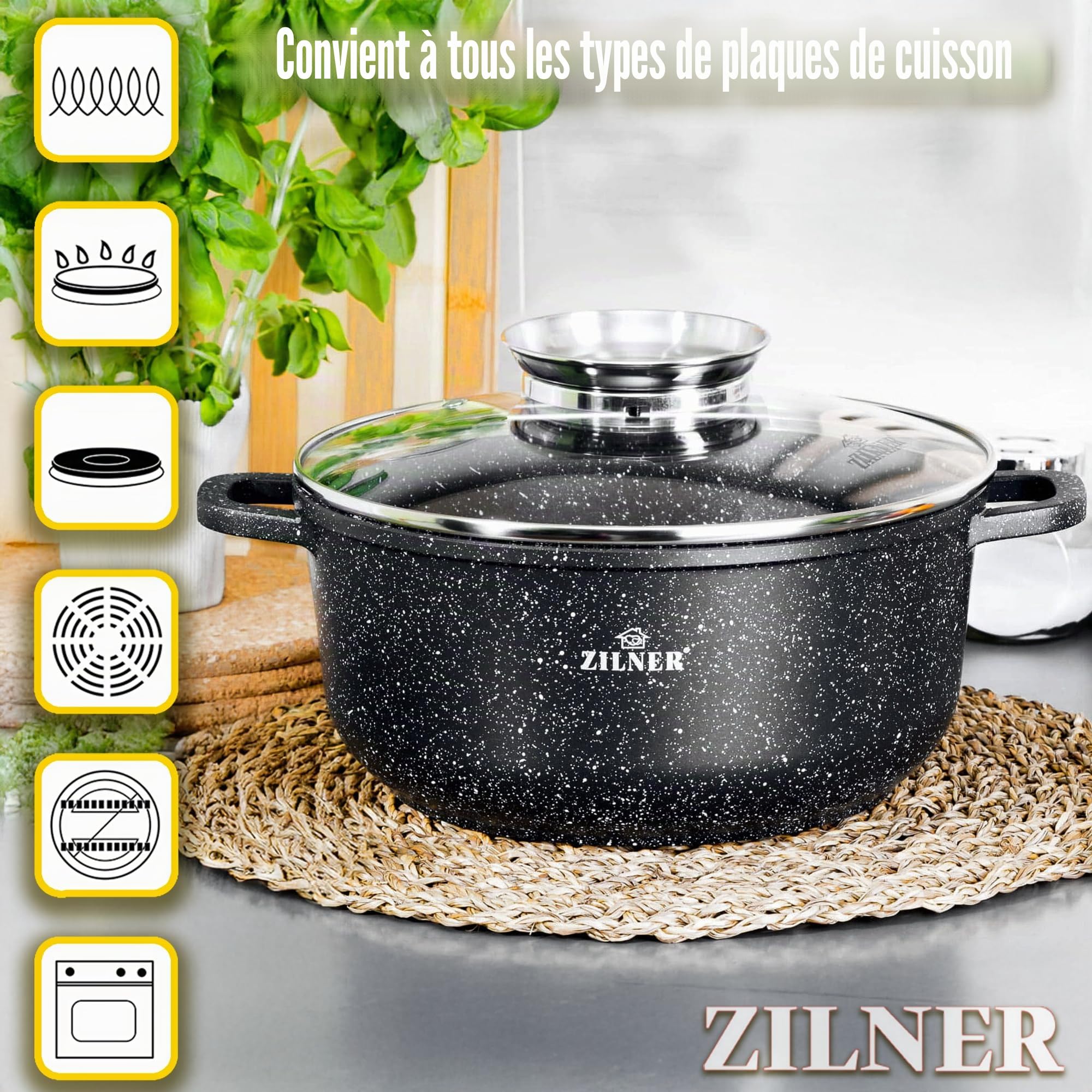 12 Casseroles, Revêtement Marbre-Céramique, Couvercles en Verre Noir