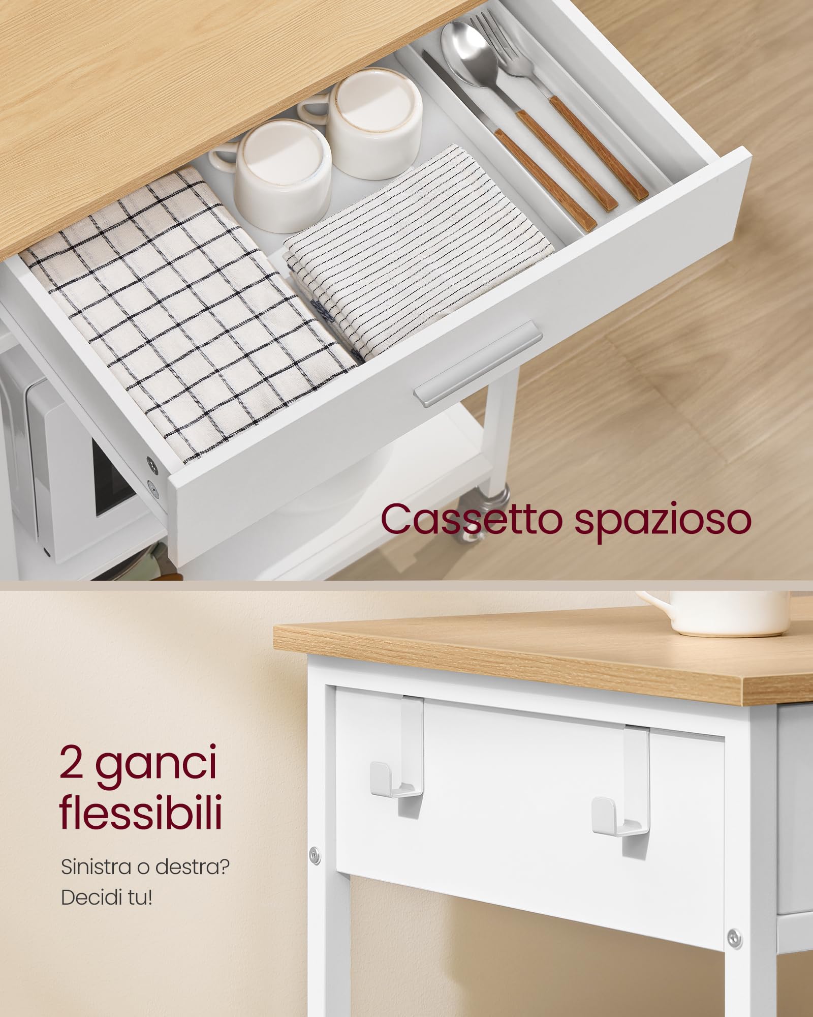 VASAGLE Isola da Cucina Mobile con Ruote, Carrello da Cucina, 45 x 60 x 90 cm, Cassetto, 2 Ganci, per Sala da Pranzo, Rovere Beige e Bianco Opaco KKI007Y01