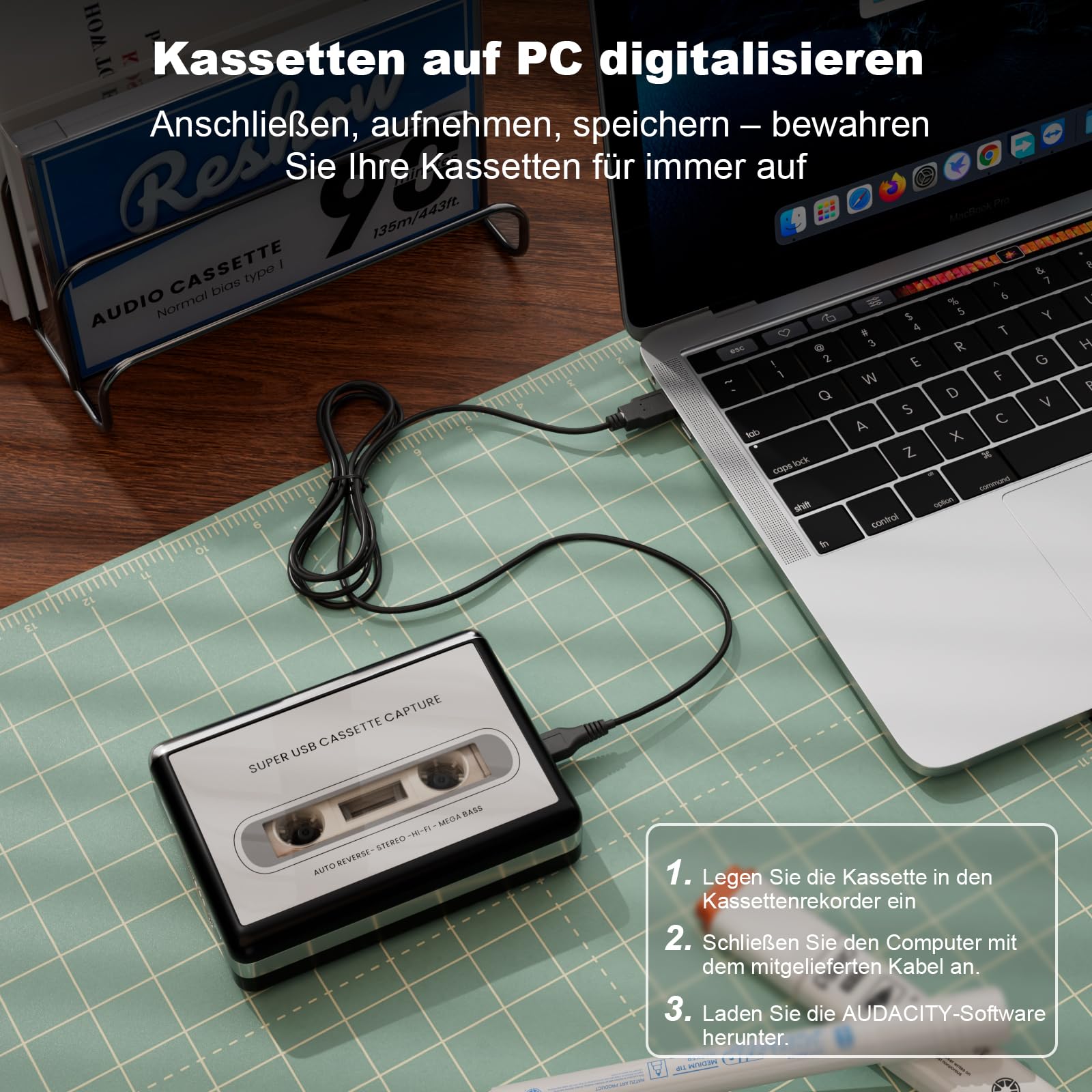 Reshow Registratore a cassette portatile MP3 USB argento