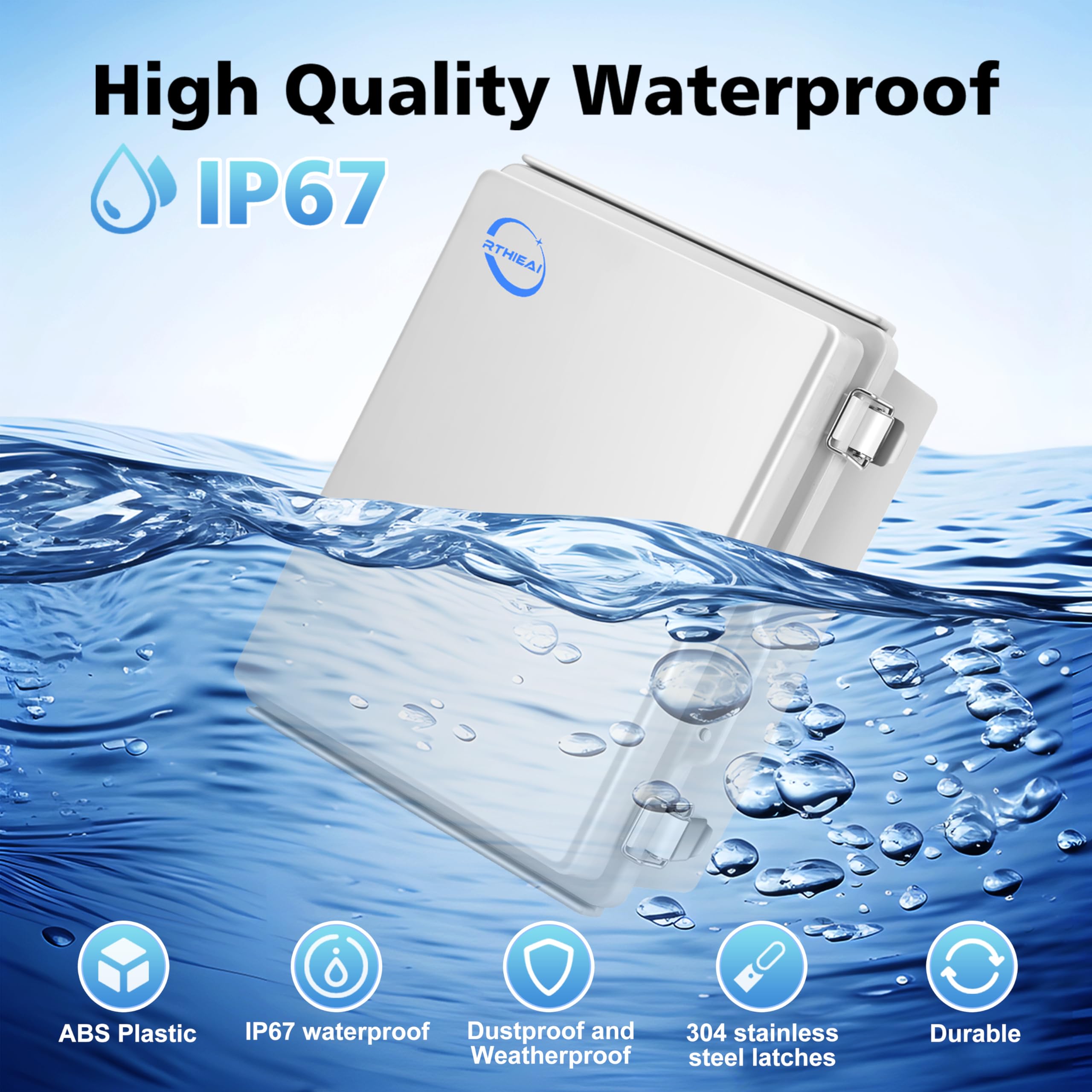 RTHIEAI Wasserdichte IP67-Abzweigdose für den Außenbereich, 22,1 x 17 x 10,9 cm, mit Montageplatte, aufklappbarer grauer Abdeckung und Wandhalterungen, wetterfestes ABS-Kunststoff-Elektrogehäuse für