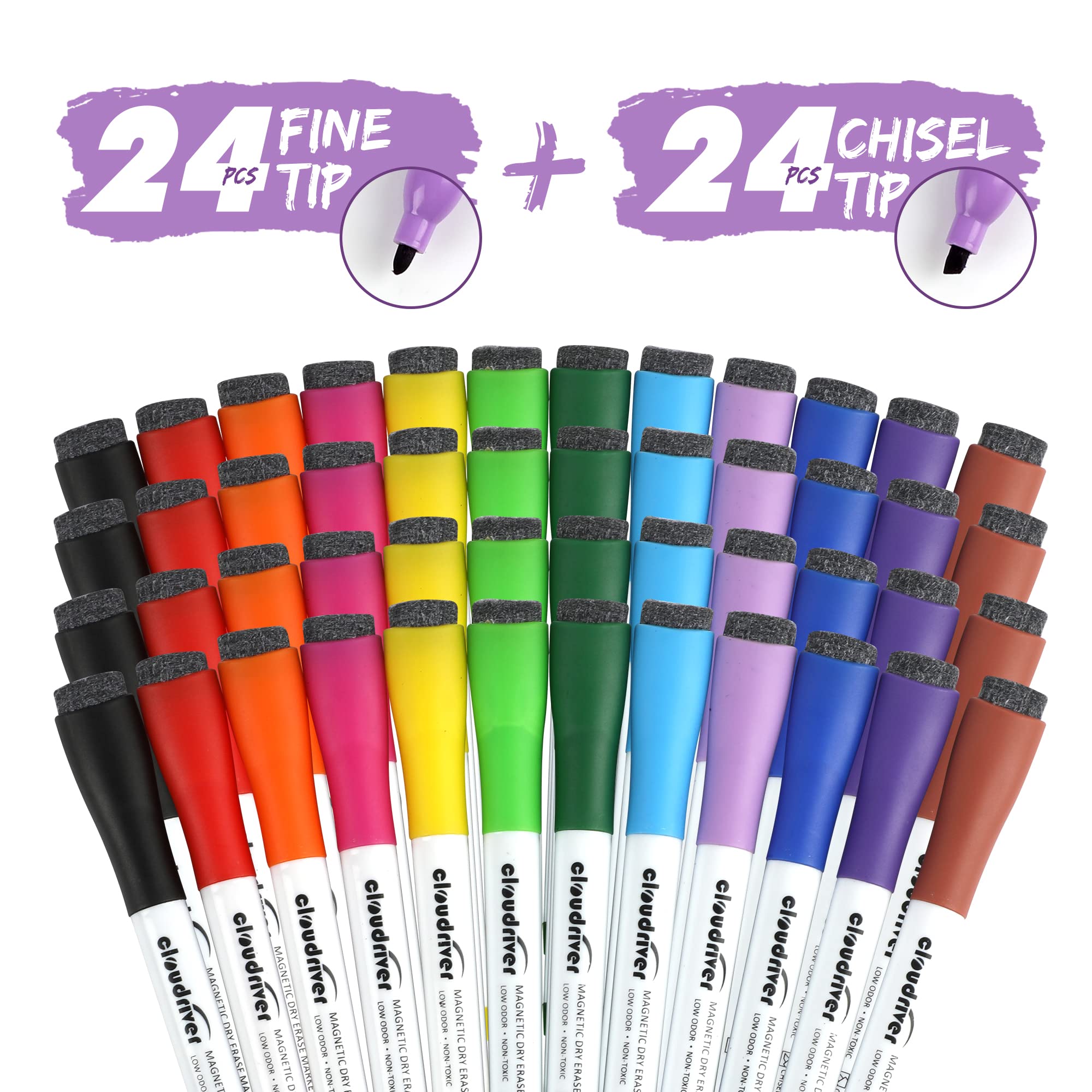 Cloudriver Pennarelli magnetici cancellabili a secco, confezione da 48 pennarelli per lavagna bianca, 24 punte sottili e 24 punte a scalpello, 12 colori a basso odore, cancellabili a secco, con tappo