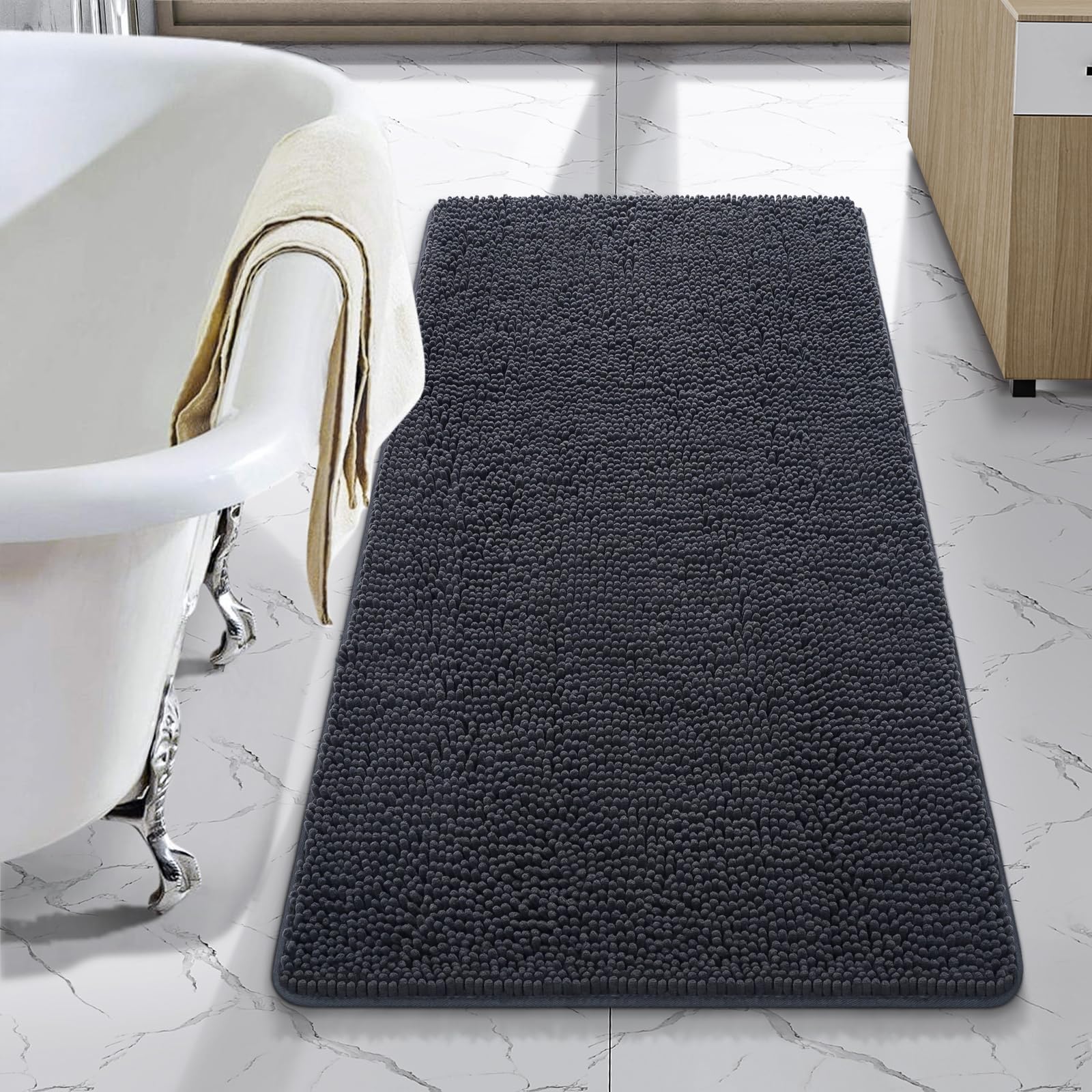 LOCHAS Luxury Bathroom Rug Shaggy Bath Mat 24 x 44 Inch, Washable Non Slip Bath Rugs for Bathroom Shower, Soft Plush Chenille Absorbent Carpets Mats,