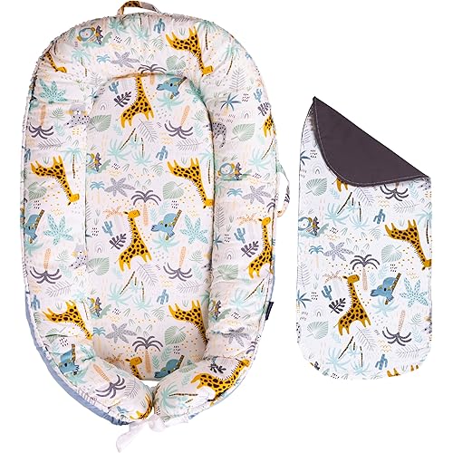 Baby Lounger - Infant & Newborn Lounger with 2-Inch Mattress Pad, Soft Baby Lounger Cover, Waterproof Urine Liner & Waterproof Pad Cover - BL11 Cotton Sky Birds & Giraffes
