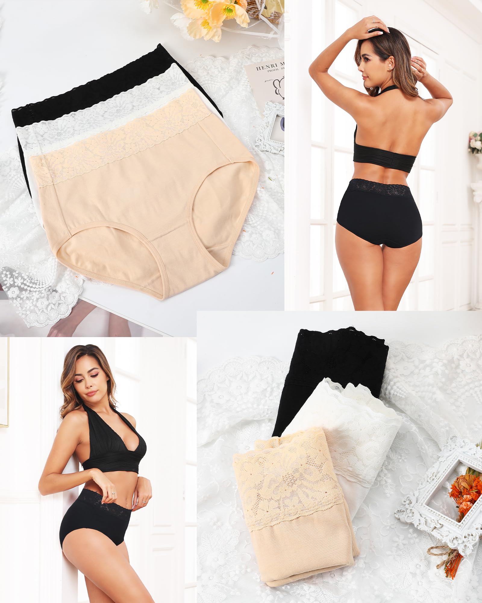 RHYFF Ropa interior de algodón para mujer, bragas de encaje de cintura alta, suaves, transpirables, hipster, cobertura completa, tallas S-3XL