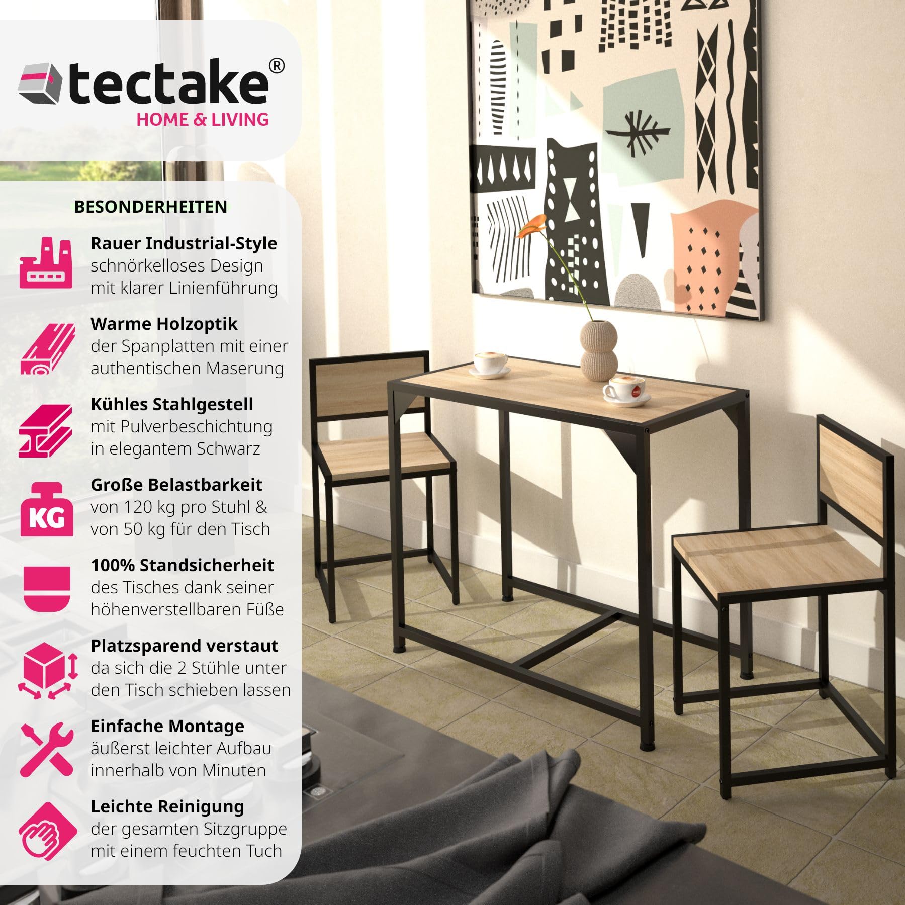 tectake Sitzgruppe 3-teilig im Industrie-Design, Essgruppe für 2 Personen aus Holz + Metall, Esszimmer Set mit Esstisch und 2 Stühlen, schwarzes Metallgestell (Industrial Holz hell, Eiche Sonoma)