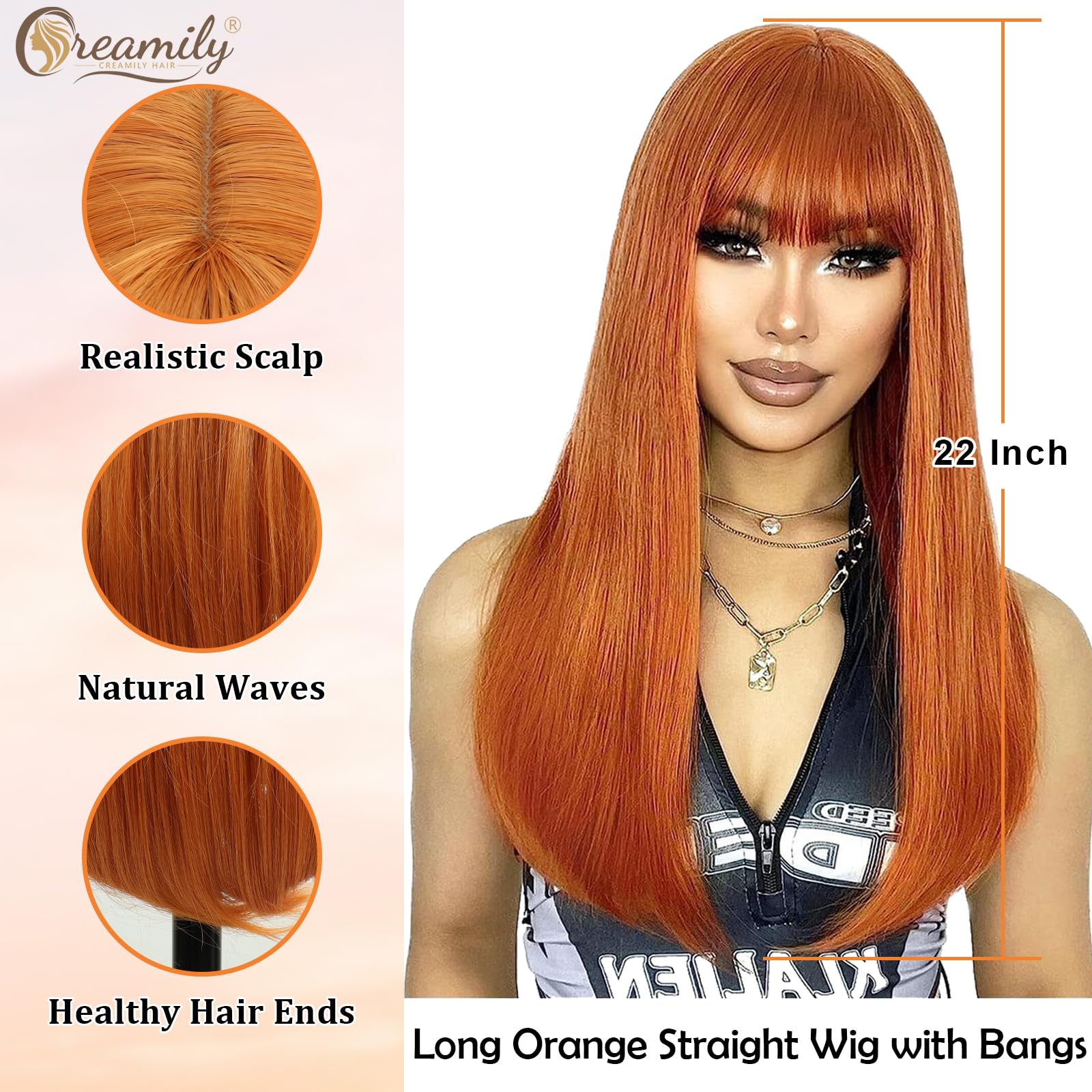 Creamily Long Orange Wig with Bangs - Image 3